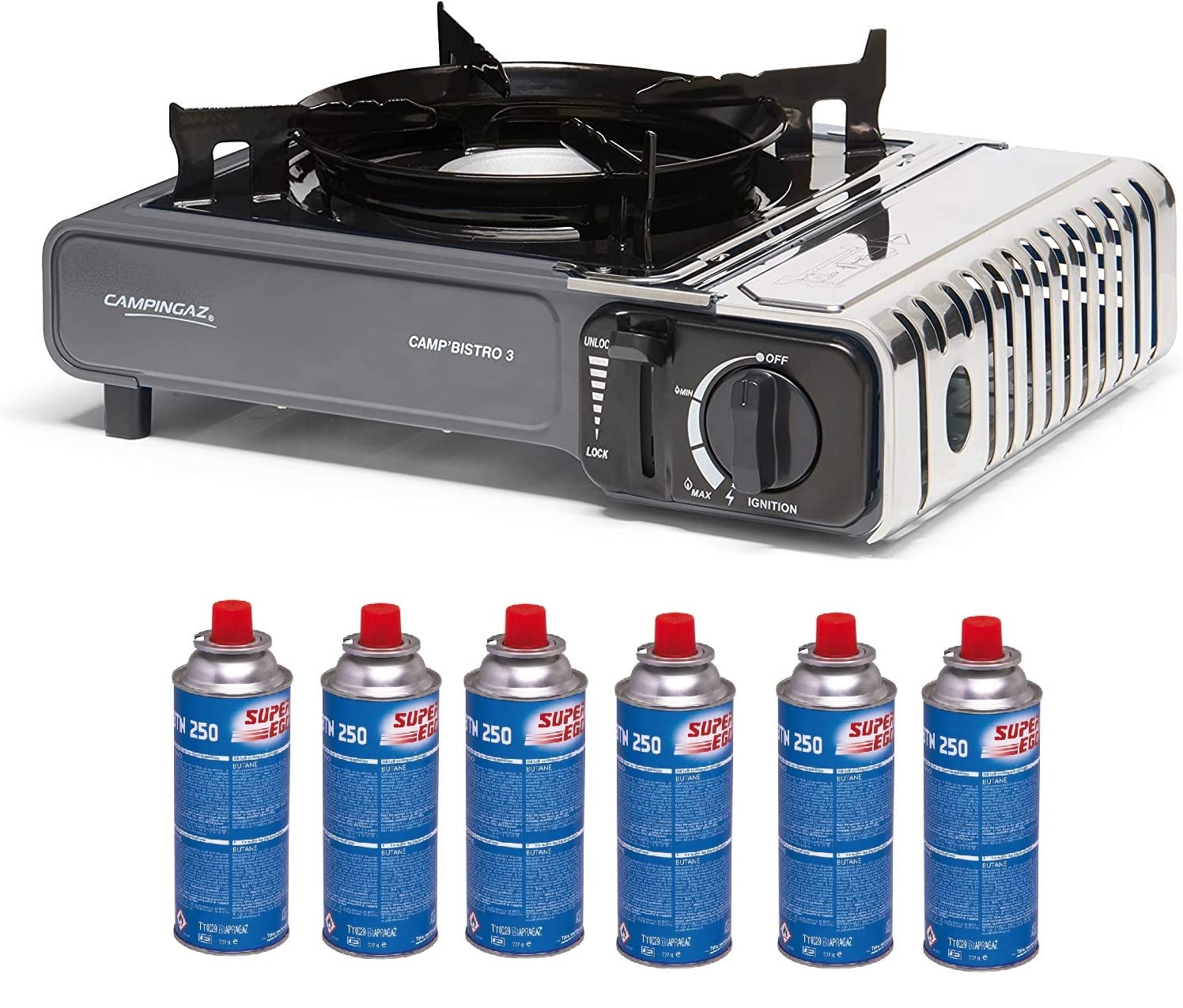 FYSHOP. PACK Campingaz Camp Bistro hornillo de Gas Individual, hornillo de Camping, Potencia 2200 W + 6 CARTUCHOS DE GAS SUPER EGO