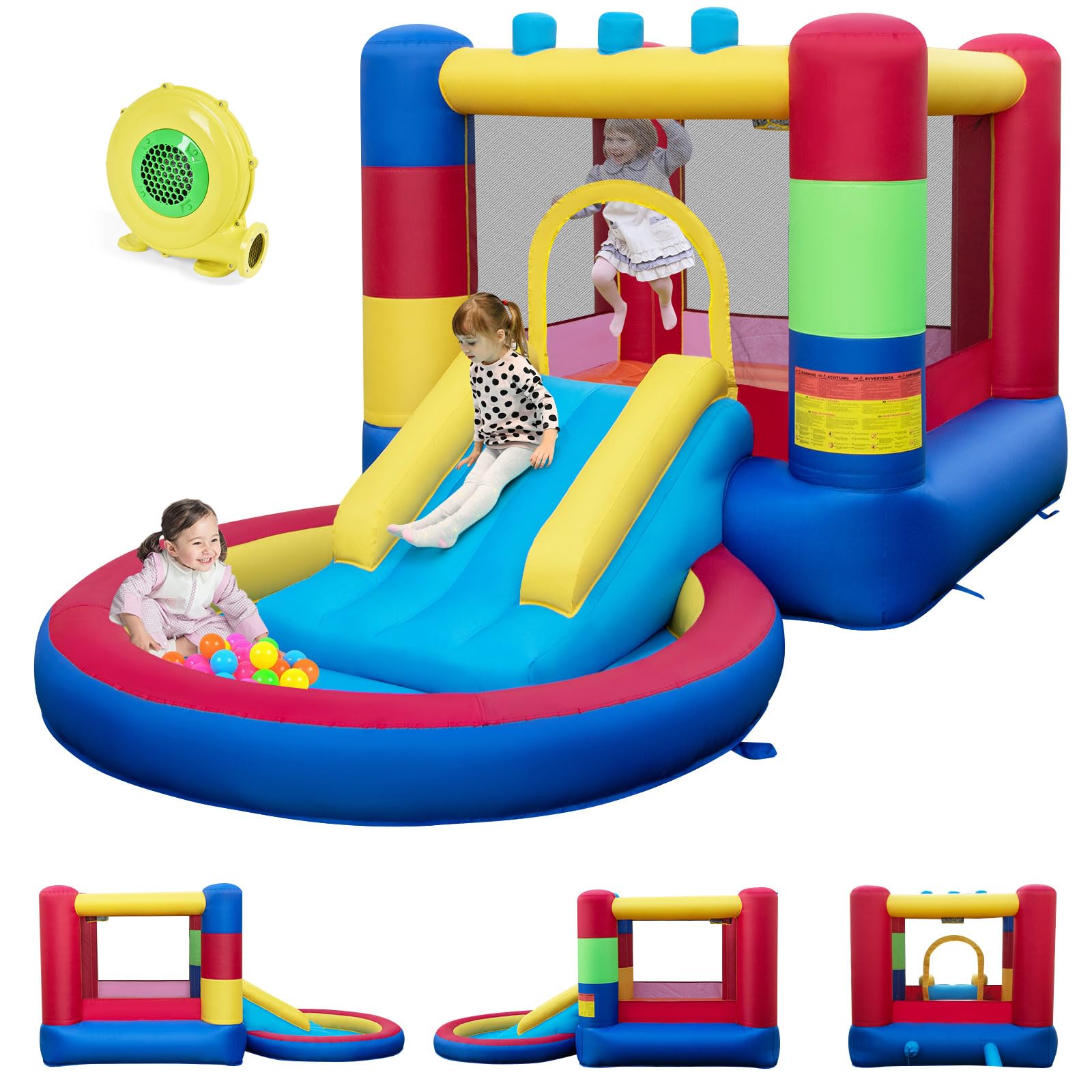 GOPLUS Castillo Inflable con Soplador de 450 W, Estructura Inflable con Trampolín y Piscina y Bolas Oceánicas, Regalo para 2 Niños de 3 a 10 Años Hasta 90 kg