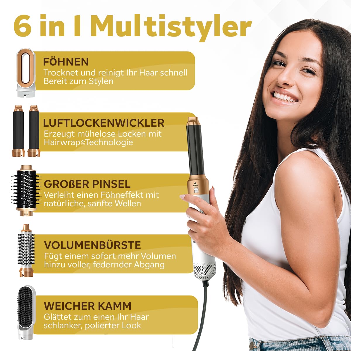Fleau Beauty Haarbürste – PRO Edition – Multistyler – Lockenbürste – Airstyler – Stylingbürste – Hairstyler – 6 in 1 Set – Weiß