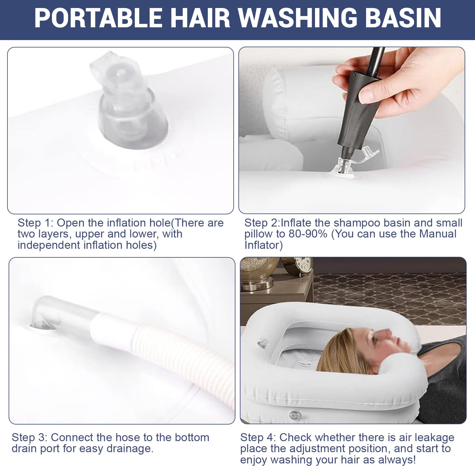 Inflatable Hair Washbasin, Inflatable Hair Basin with 1 m Drain Tube, Cushion and Air Pump, Portable Inflatable Hair Basin, Ideal for Pregnant Women, Injured and Elderly People - 4