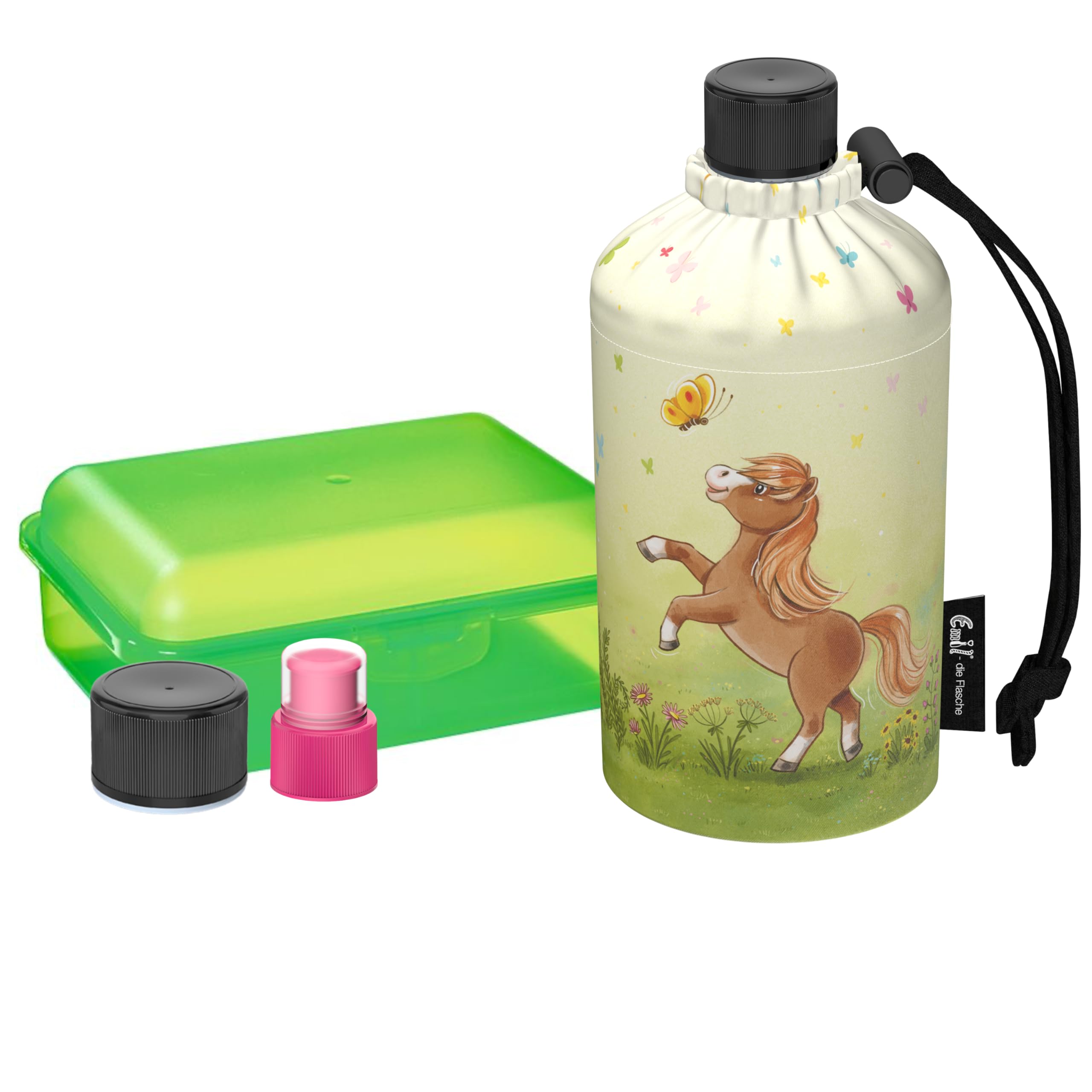 Emil Glas Trinkflasche Starterset 0,3l Pony – mit Brotbox & 3 Verschlüsse, isolierte Kinderflasche für Kita, Kindergarten & Schulstart, schadstofffrei