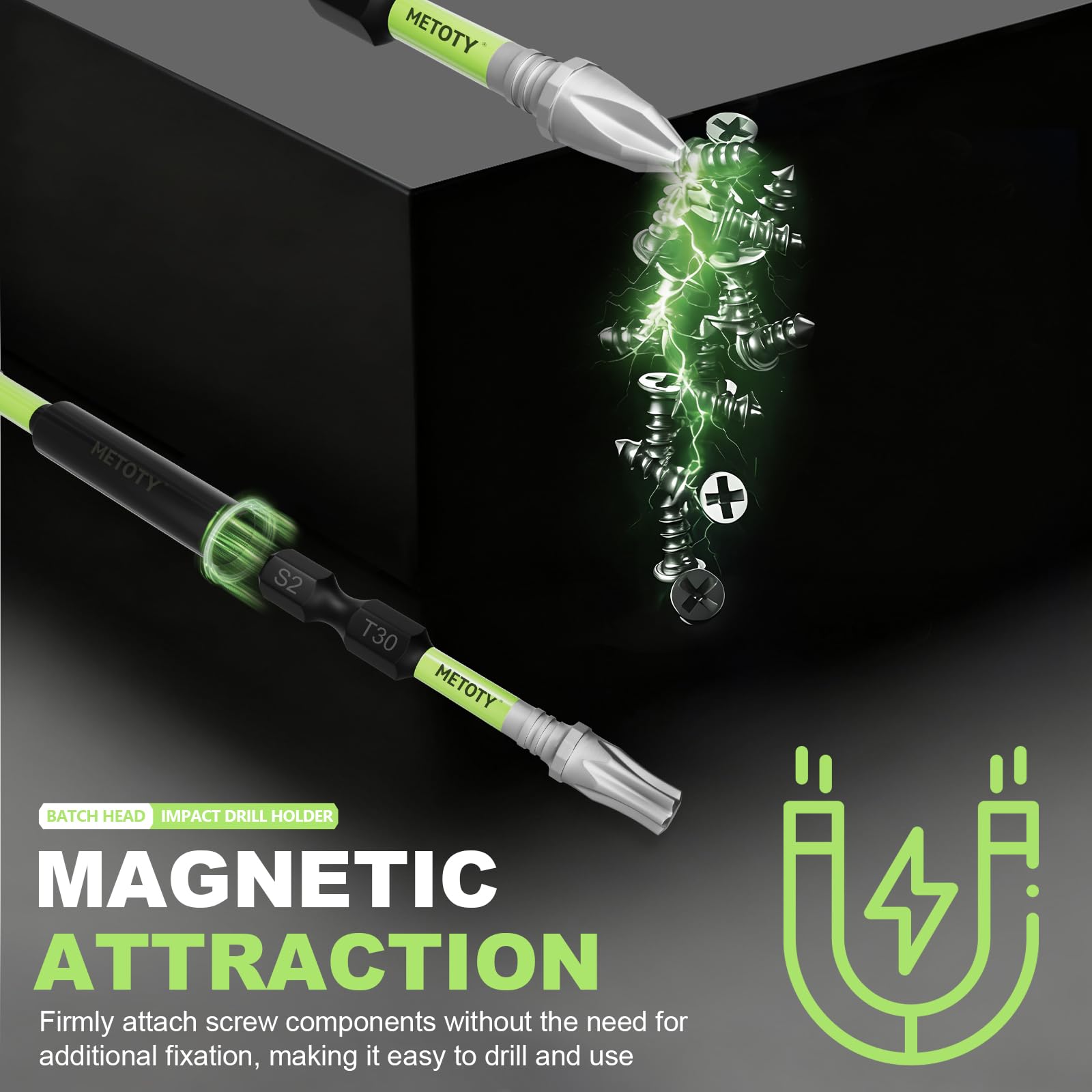 Set di punte per cacciavite a percussione con funzione magnetica, 93 pezzi, include punte da 2" (PH2, PZ2, SQ2, T10, T15, T20, T25, T30) con magnetizzatore e barra di estensione.