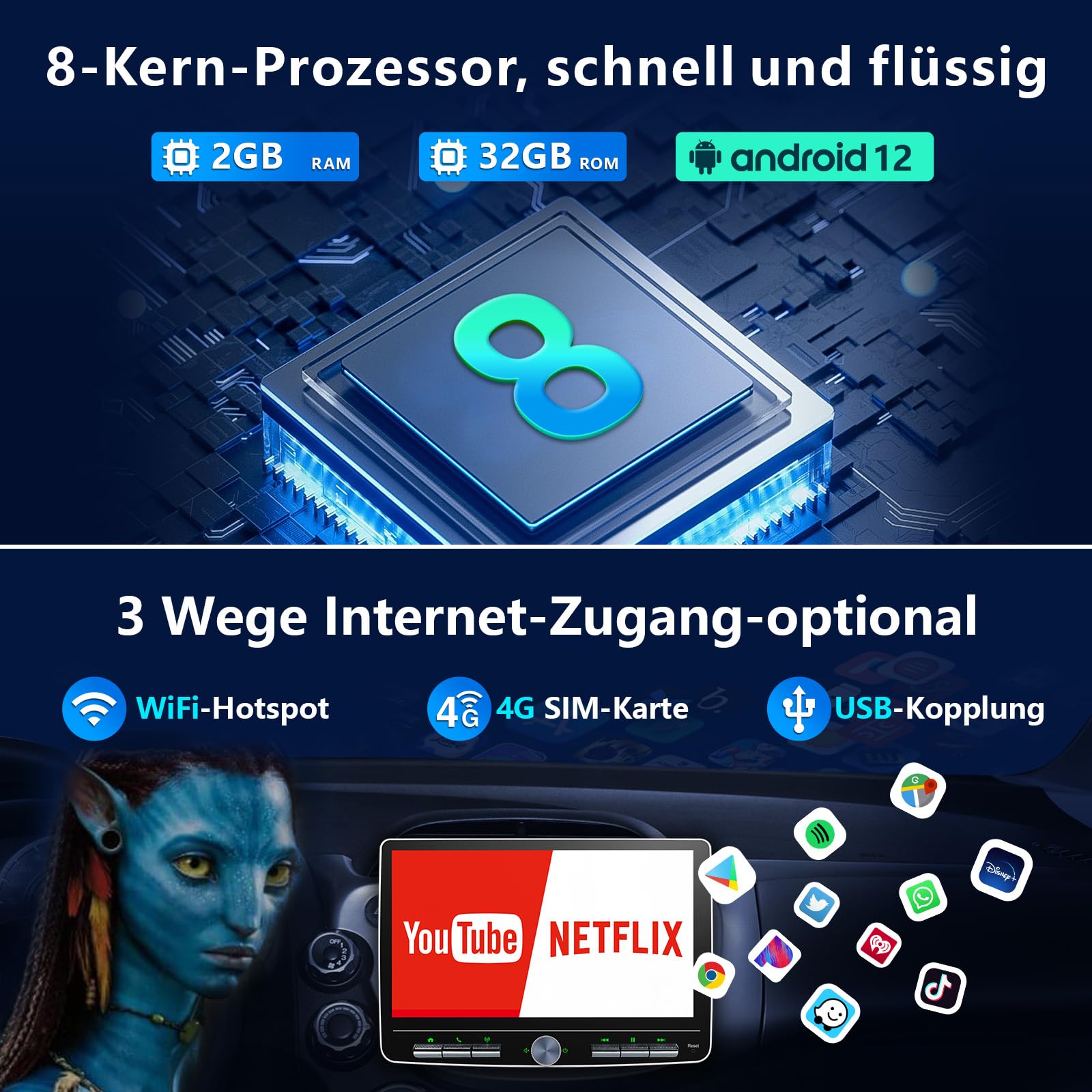 Android 12 Autoradio Wireless CarPlay Android Auto, 10.1 Zoll Bildschirm DAB+ Autoradio 1Din Car Play Touch Display Bluetooth 8 Core 2G+32G WiFi 4G GPS DSP AM/FM RDS Auto Radio mit Rückfahrkamera