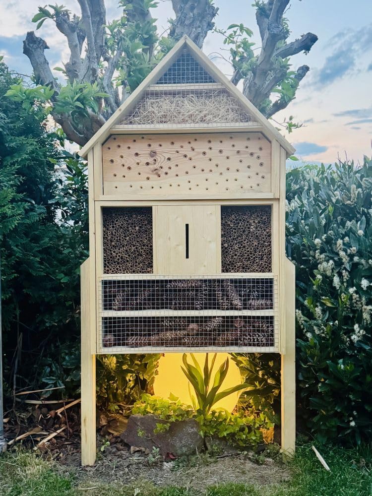 Casetta per insetti da giardino in legno, XXL per api selvatiche, in legno, con supporto, 110 x 79 x 16 cm (altezza x larghezza x profondità), per insetti, resistente alle intemperie, 6 piani