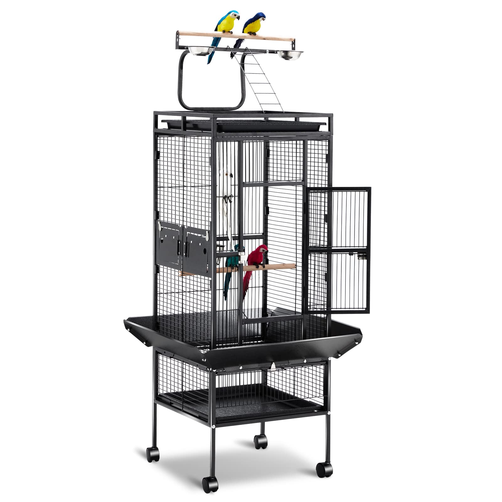 Homguava Bird Cage with Play Top and Rolling Stand Bird Cage for Parakeets, Parrot, Cockatiel, Chinchilla, Conure, Cockatoo, Lovebird, Pet House Wrought Iron Birdcage, Black (61-inch)