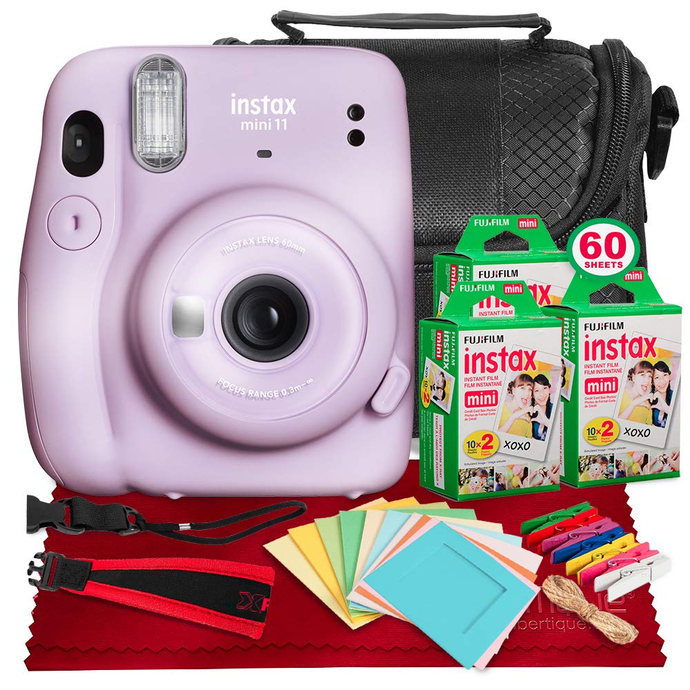 FUJIFILM INSTAX Mini 11 Instant Film Camera (Lilac Purple) + ACCESSORY BUNDLE THAT INCLUDES 3x Fujifilm Instax Mini Twin Film (60 Exposures), Camera Carrying Case, Camera Strap & Funky Film Frames