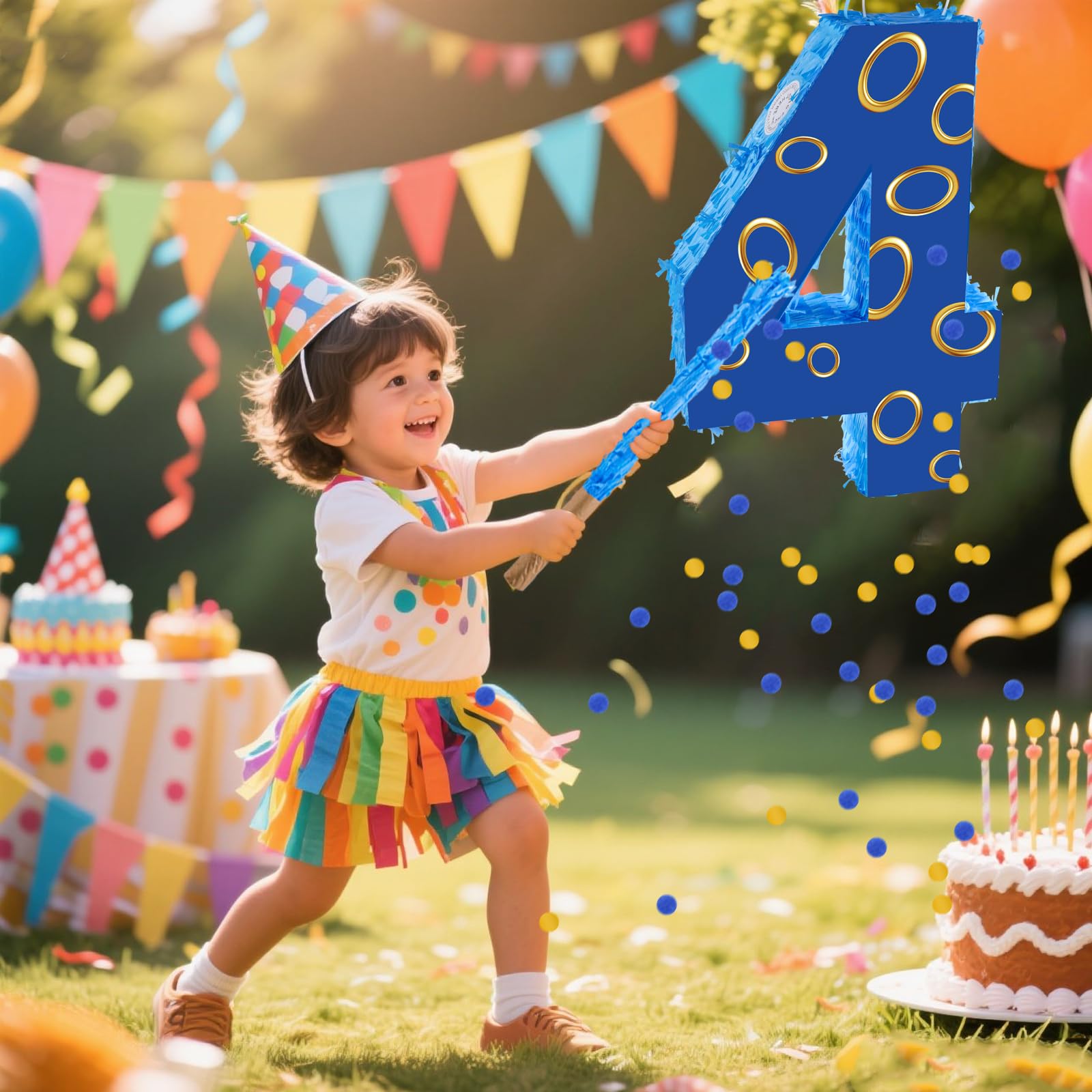 Piñata de anillo de oro azul número 4 de 16 pulgadas con piñata de 16 pulgadas, confeti vendado para niños y niñas, decoración de fiesta de 4º cumpleaños (4º)