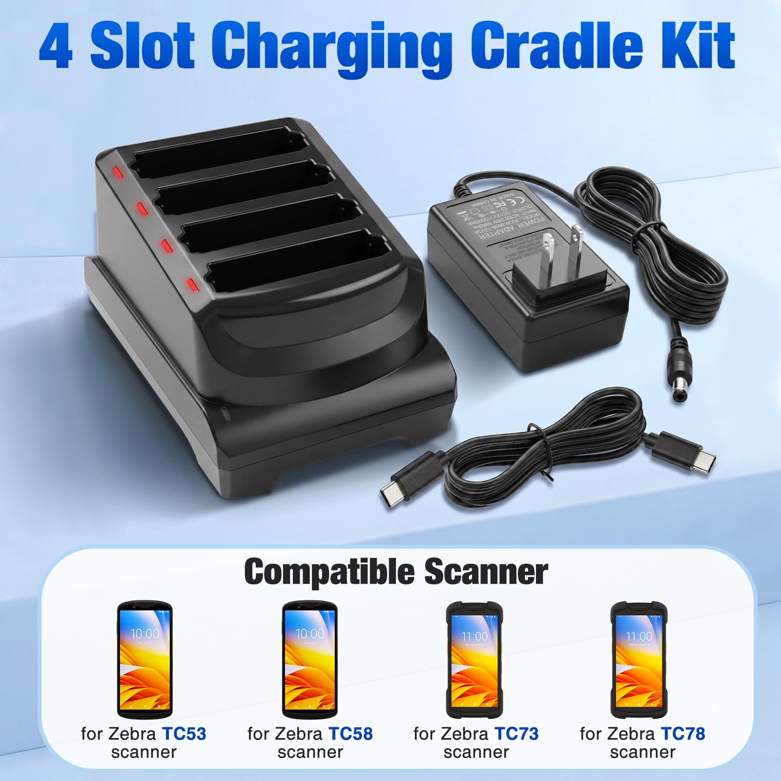 Kit di ricarica USB-C a 4 slot per caricabatterie Zebra TC53 TC58 TC73 TC78 | TC53 Base di ricarica USB-C per stazione di ricarica TC53 SAC-NGTC5TC7-4SCHG con cavo di tipo C e adattatore di alimentazione
