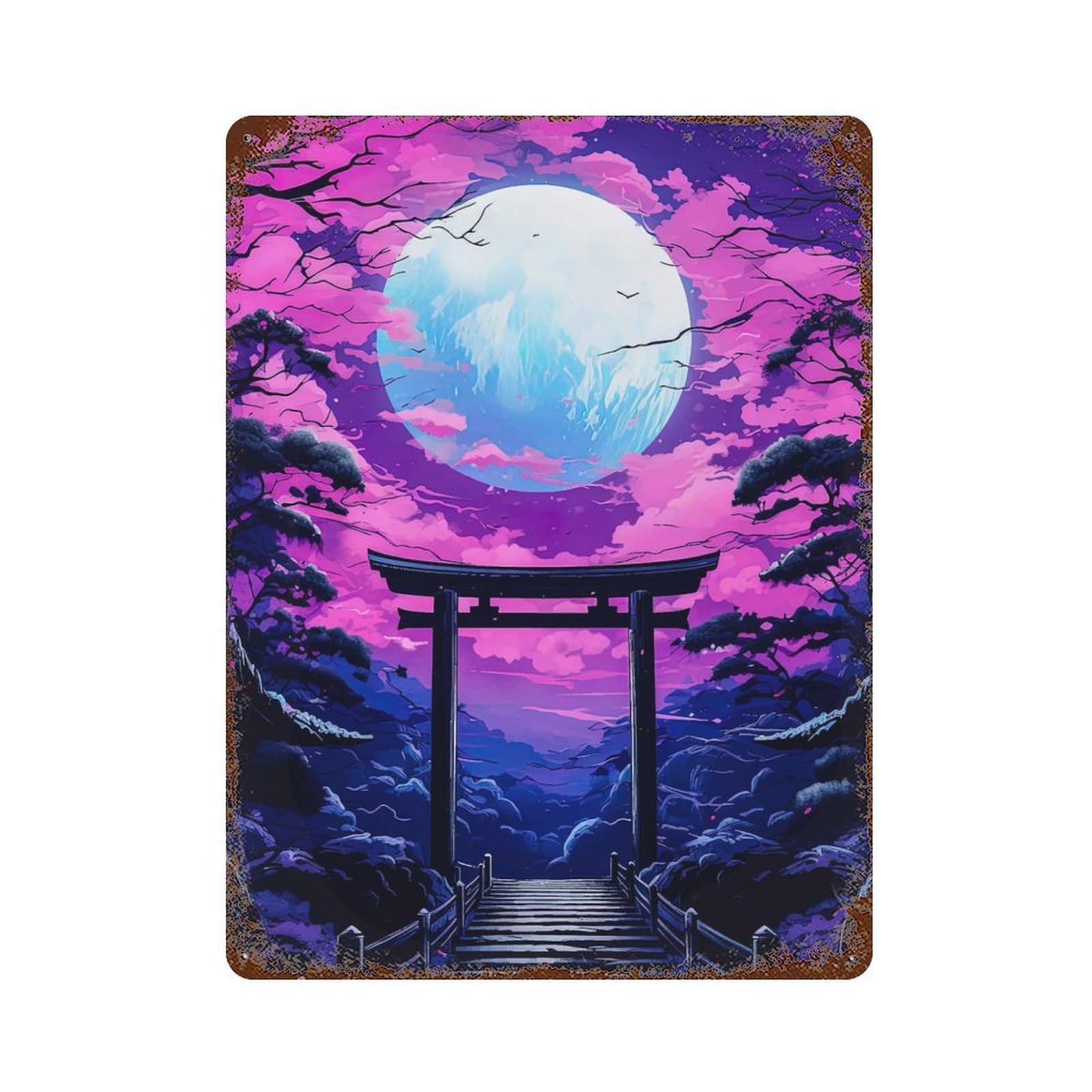 Gate Japan Moon Night Rusty Metal Tin Sign 15.7"x11.8", for Pub, Kitchen And Man Cave Decor, Farmhouse Wall Decor