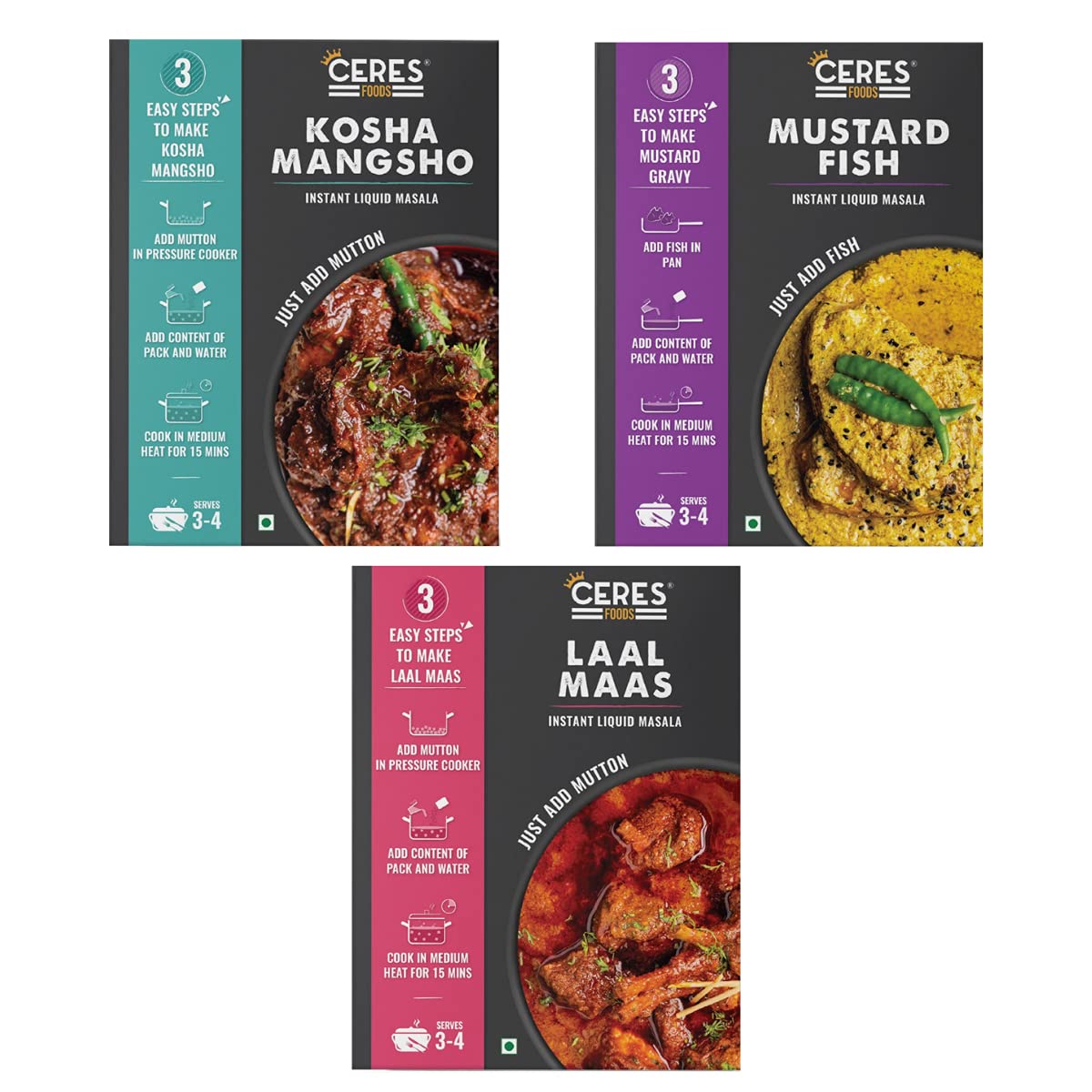 Ceres Foods Kosha Mangsho + Mustard Fish + Laal Maas Instant Liquid Masala (Combo of 3| 200gm Each | No Preservatives)
