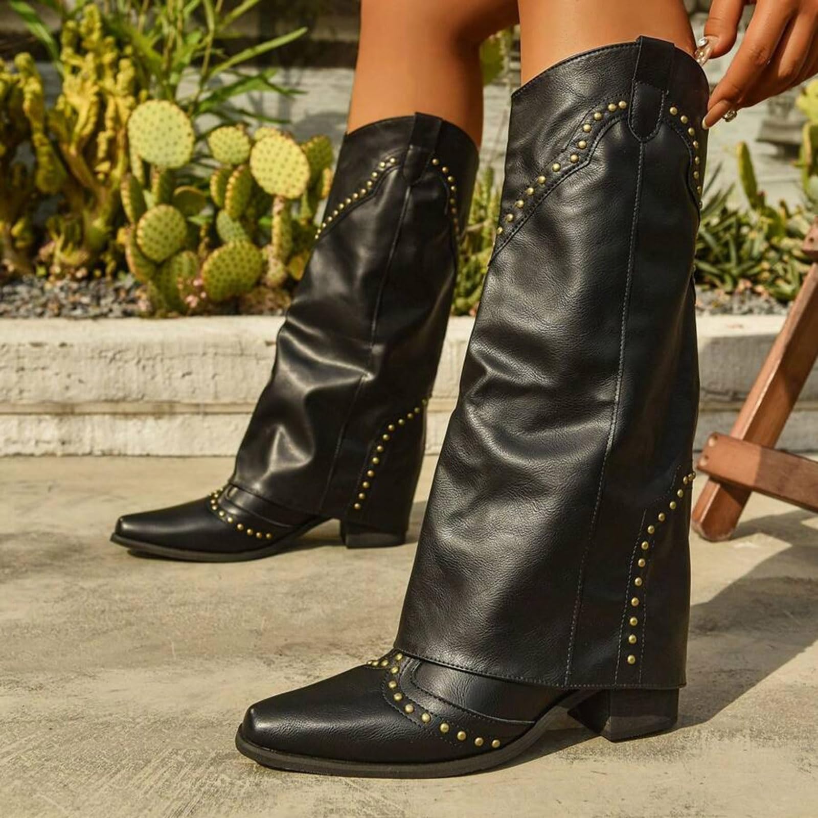 Damskie buty do kolan, vintage, nity, wysokie wsuwane, kowbojskie buty z klapą, obcas blokowy, szpiczaste, buty westernowe, długie buty zimowe
