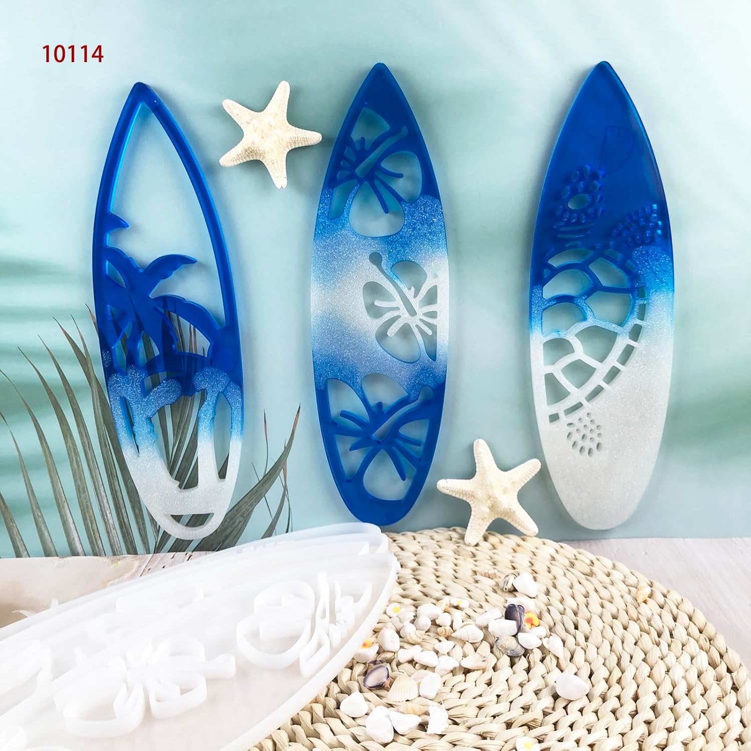 Surfboard Wall Art Molds Set, 11 Inch Beach Theme Decor, 3-Piece Tropical Design with Palm Trees and Hibiscus, Blue and White