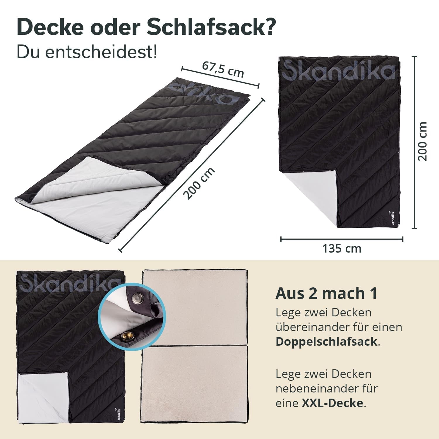 Skandika Koc kempingowy Liva | koc outdoorowy 4 w 1, 200 x 135 cm, narzuta, śpiwór, poduszka, z pluszowym futerkiem lub nylonowym spodem, watowanie z poliestru, wodoszczelny (czarny, nylon)