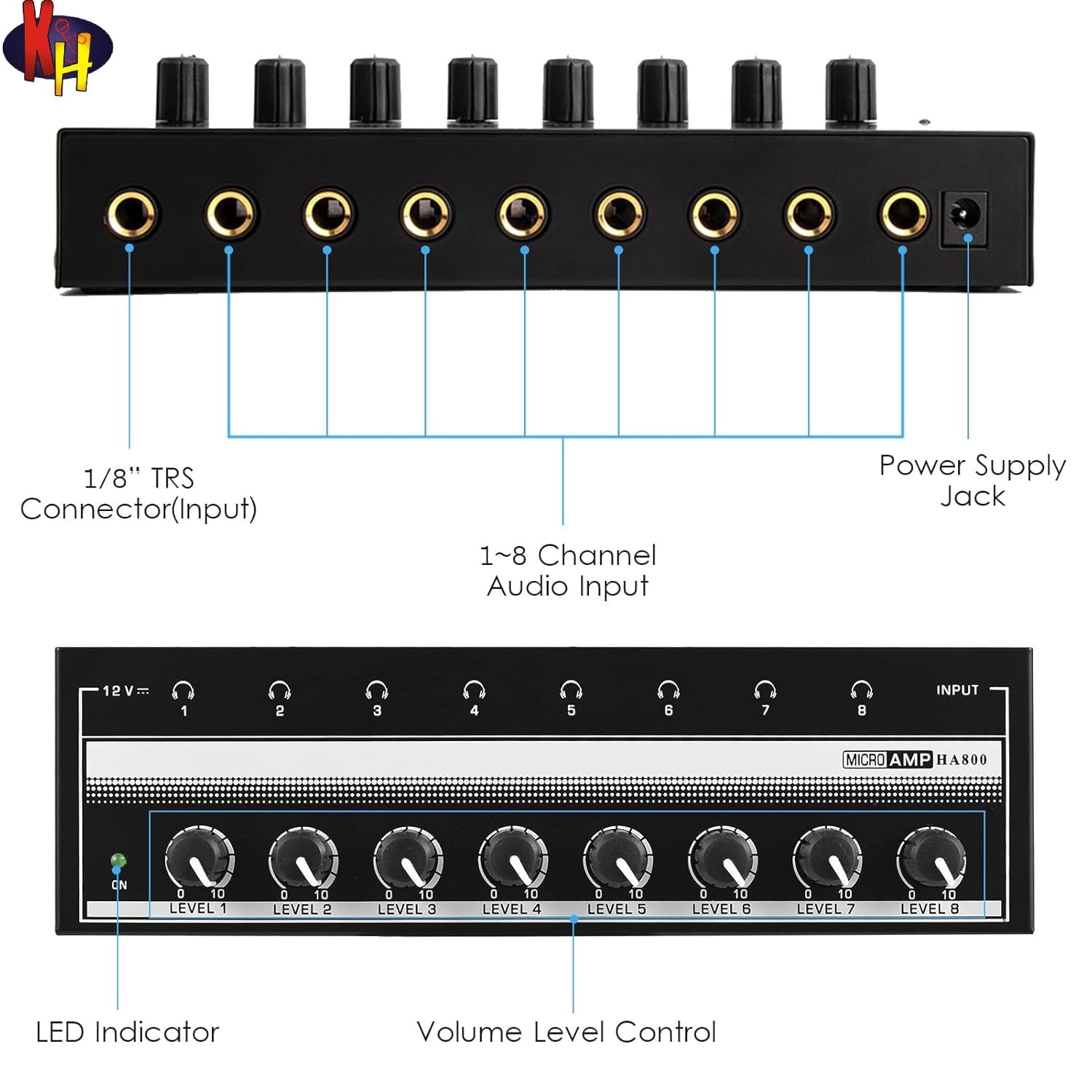 kh HA800 Mixer Headphone Amplifier Audio Amp Ultra Compact 8 Channels Mini Audio Stereo Microphone AMP with Power Adapter for Studio Stage Podcast Recording Mixing Monitoring — Amazon image 3