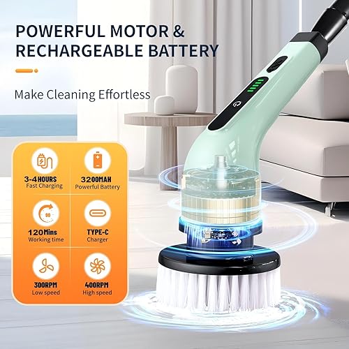 Miniatura 3 de Limpiador eléctrico giratorio, limpiador eléctrico inalámbrico para limpiar el baño, limpiador de ducha eléctrico con mango largo, cepillo de