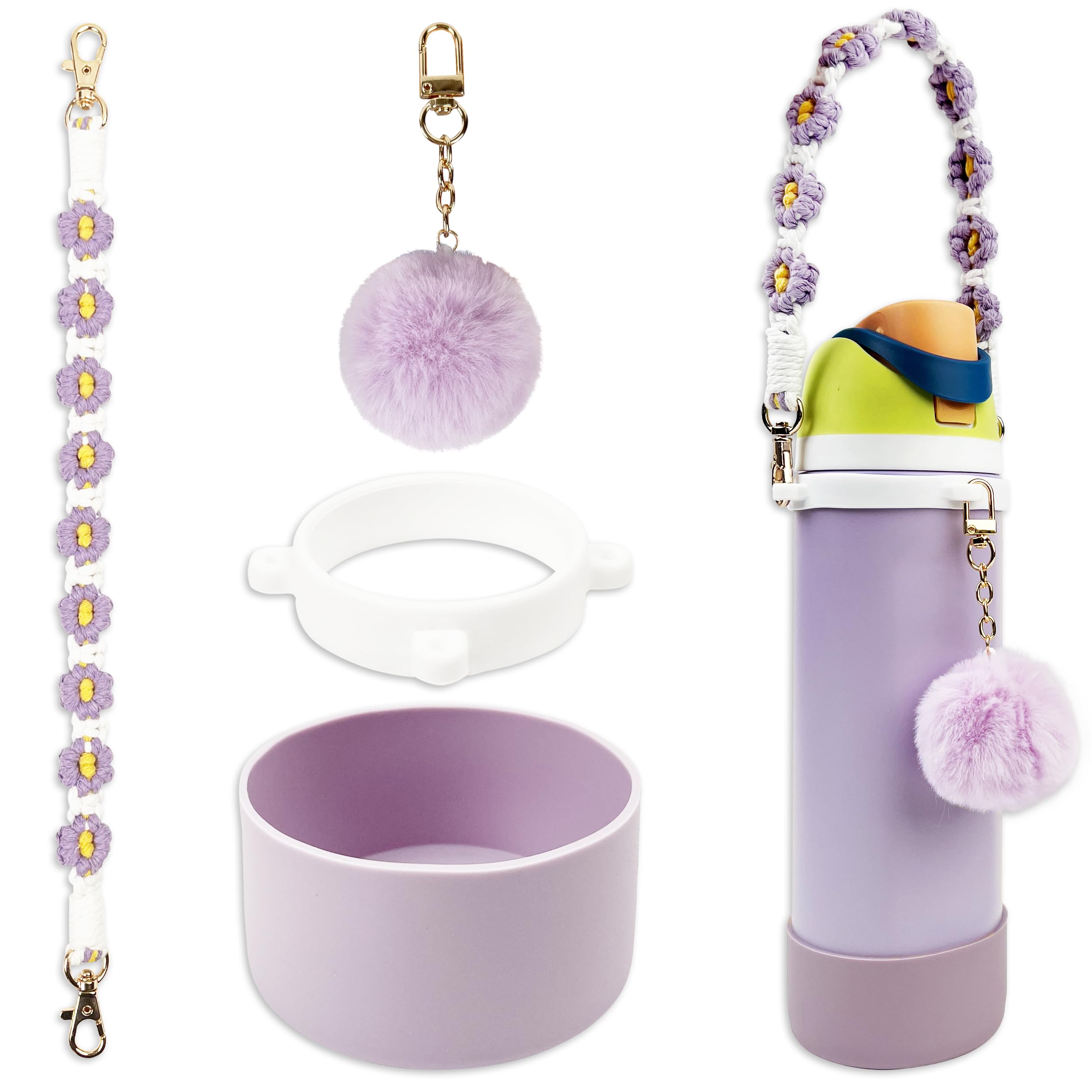 Silicone Boot Set for Owala Water Bottle 24 oz - Includes Water Bottle Handle Strap with Fluffy Pom-Pom Charms - Perfect Owala Accessories, Fits Owala Tumbler, Owala Free Sip, for Pink Owala (Purple)
