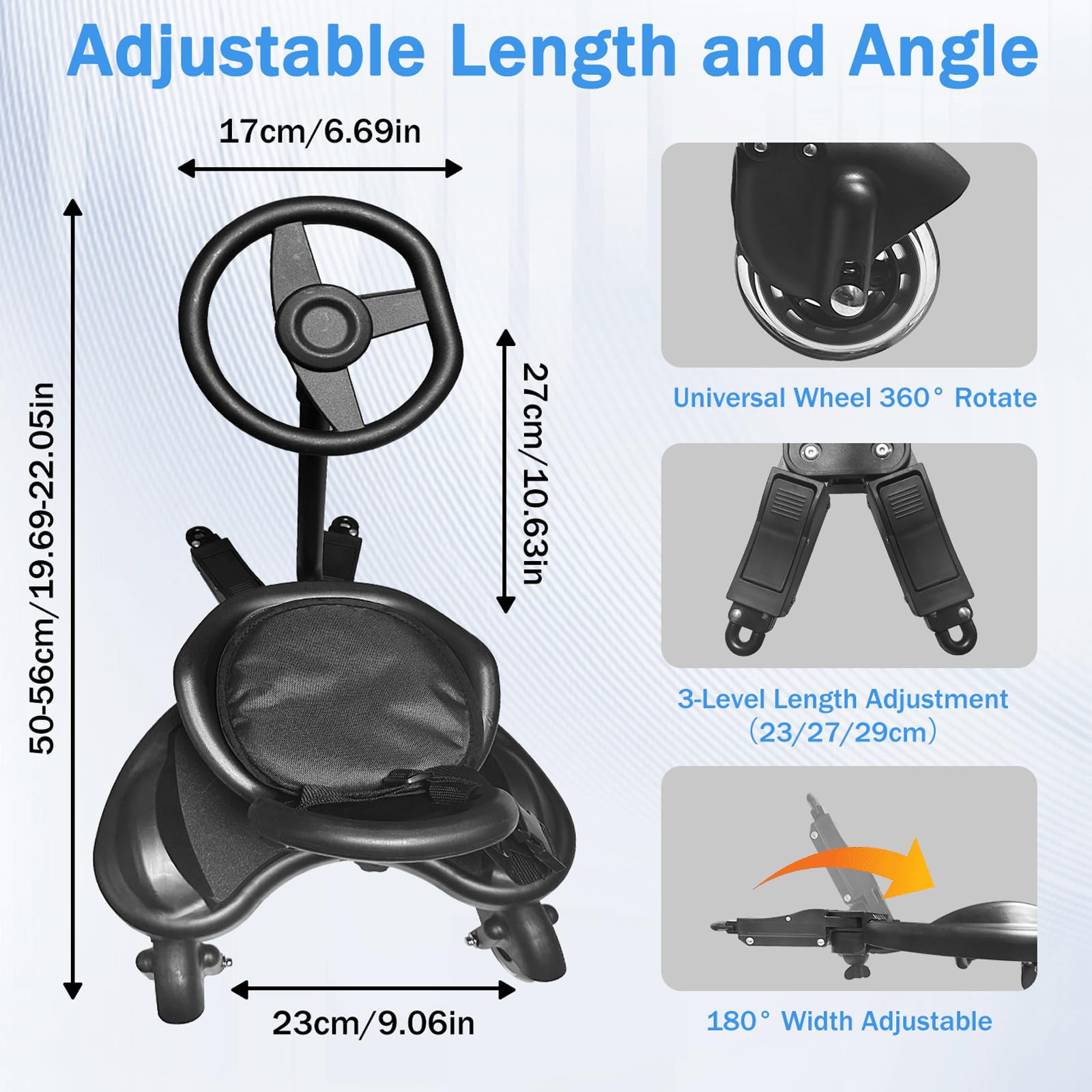 Pedana per passeggino con sedile e volante, pedana universale per tutti i passeggini, girevole a 360°, piattaforma per carretto per bambini da 2 a 6 anni, fino a 50 kg, per famiglie con due bambini