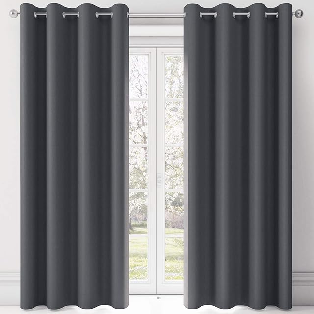RayyanLinen Readymade Blackout Thermal Eyelet Ring Top Pair of Curtains Including 2 Tiebacks (CHARCOAL GREY, Width 46" x Drop 54")