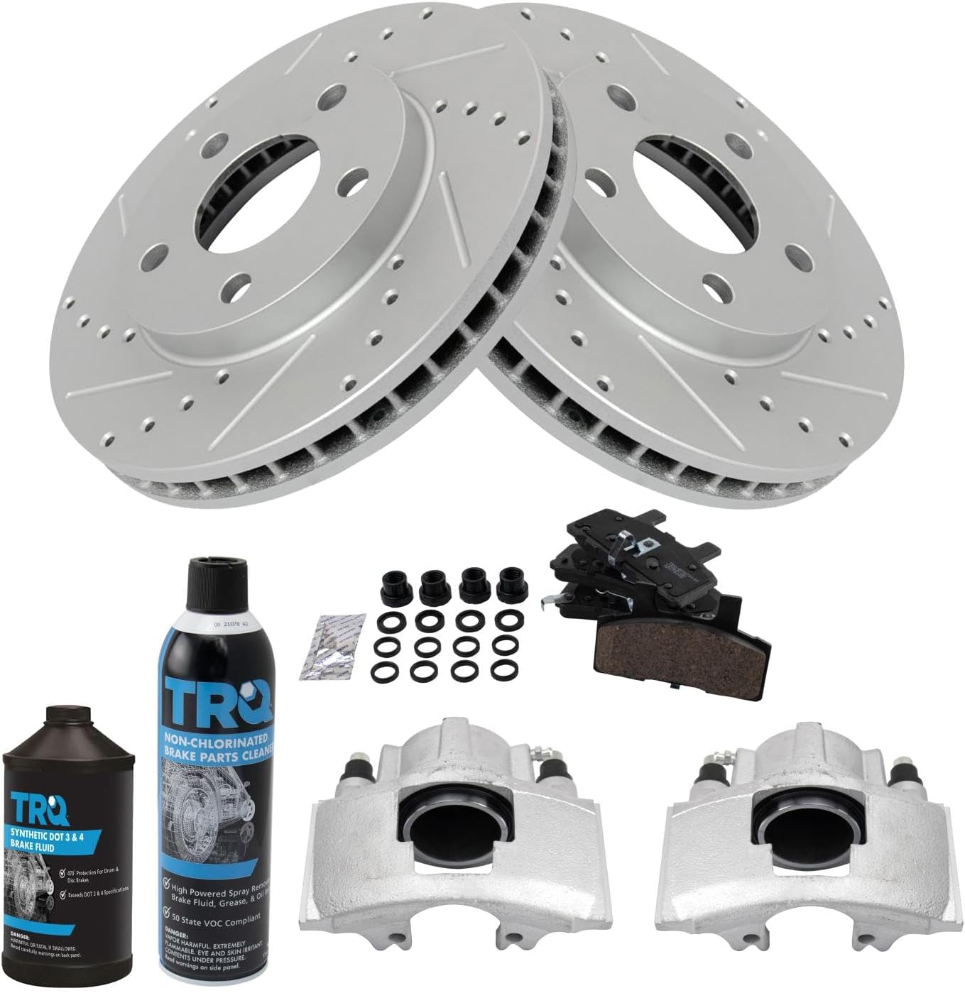 TRQ Front Performance Brake Pad & Rotor Kit Brake Caliper Brake Chemical Kit Brake Pads Brake Rotors Set Ceramic Premium G-Coated Compatible with 1991-1993 Cadillac DeVille 1991-1992 Fleetwood