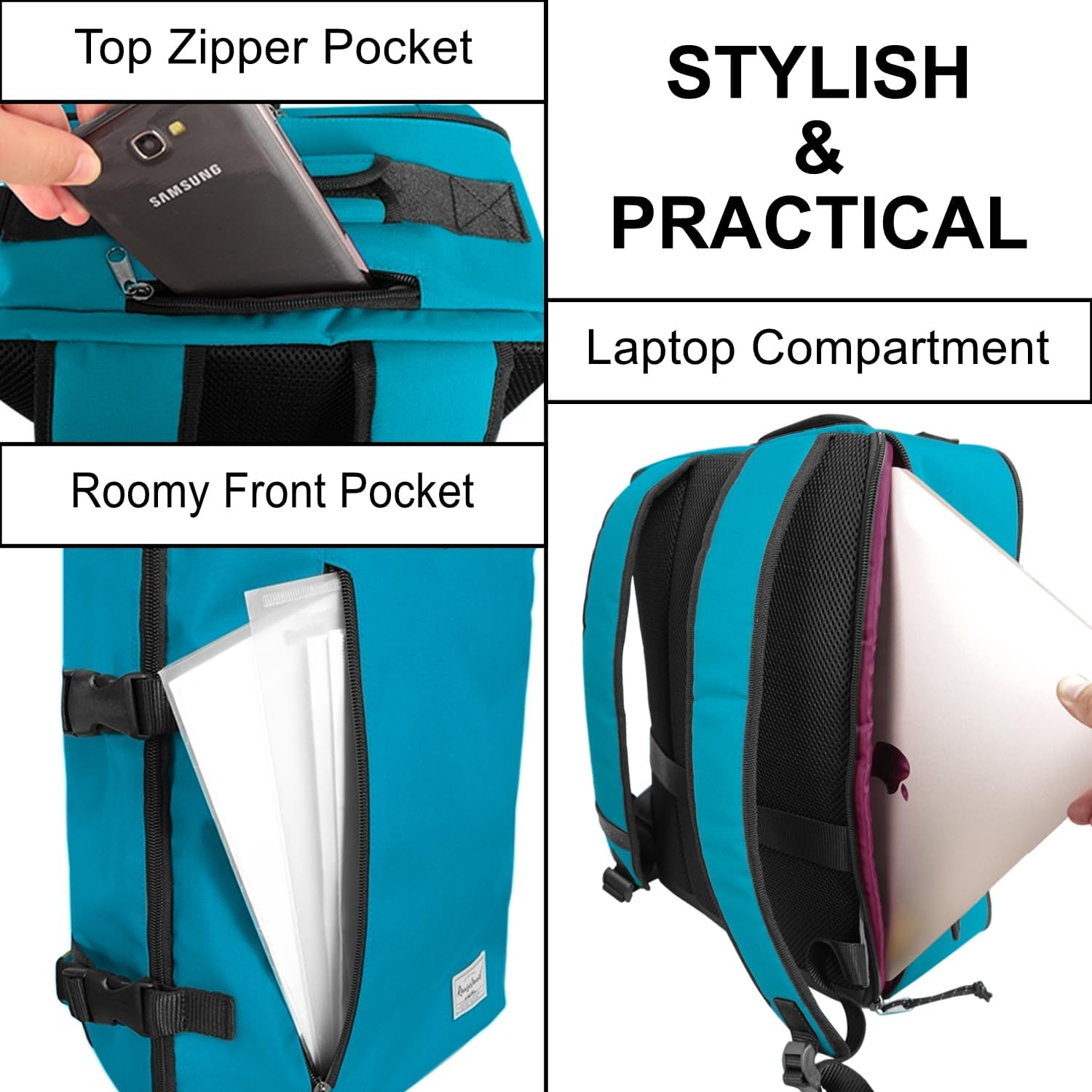 Cabin Hand Luggage Backpack Small Carry-On Daypack Airplane Travel Under-seat for Women Men fits 15.6-inch Laptop, Water Blue