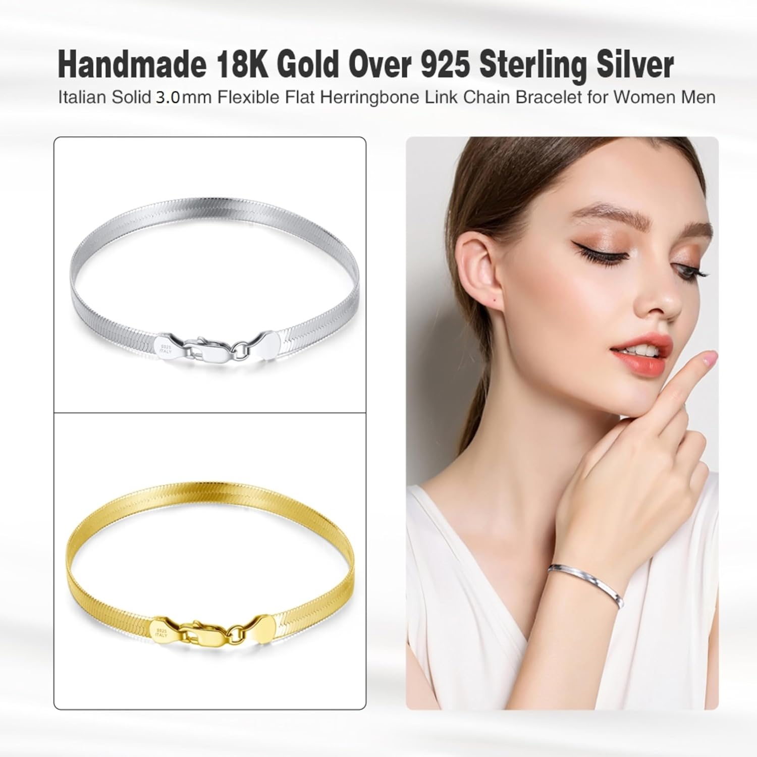 Platinum/Gold Plated 925 Sterling Silver Dainty Snake Bone Bracelet for Women, Tiny Sideways Cross Bracelets Layered Herringbone Chain Bracelet Handmade Jewelry Gift