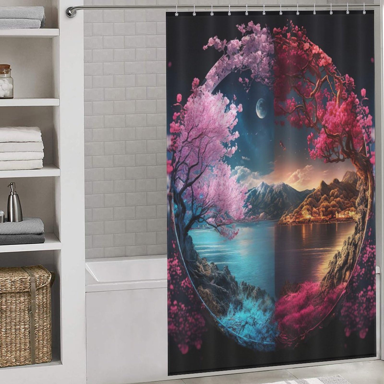 Rideau de douche tissu imperméable art cerisier du Japon textile lavable 140x183cm