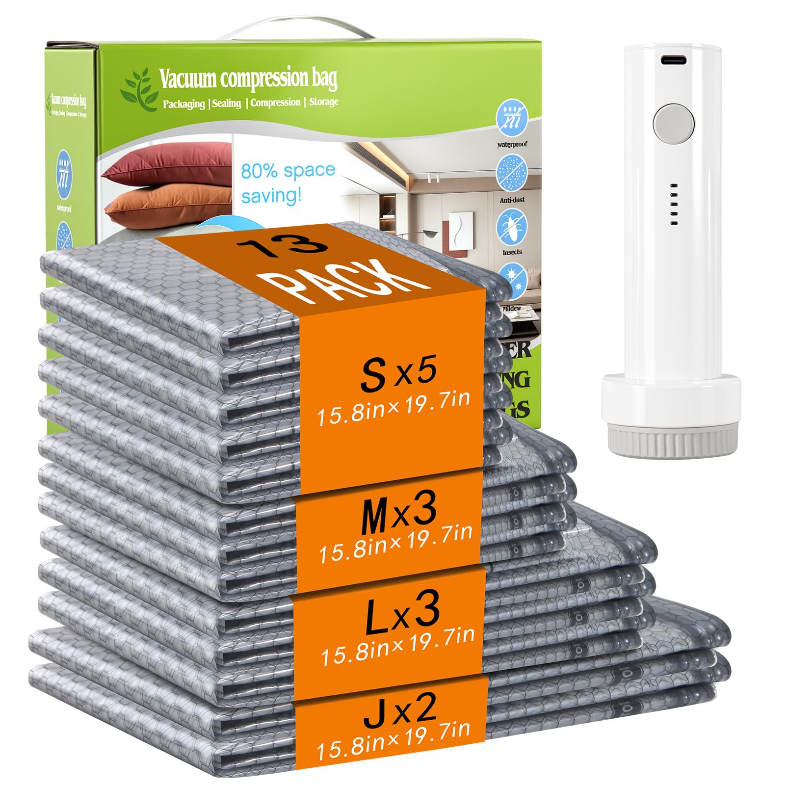13-Pack Vacuum Storage Bags with Rechargeable Cordless Pump, Space Saver Compression Bags for Travel, Clothes, Luggage & Suitcase (13 Combo Size)