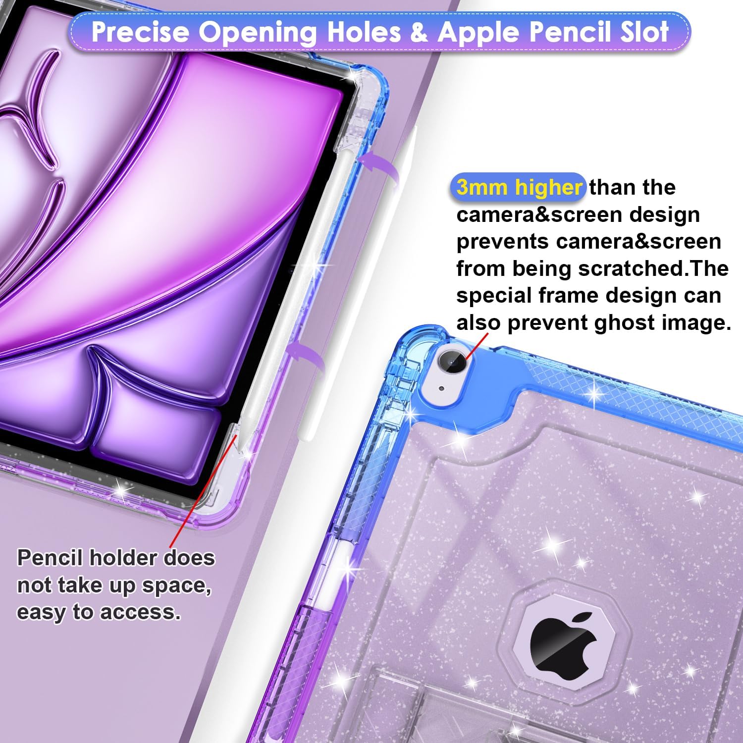 for iPad Air M3 13 Inch Case 2025, for iPad Air M2 13-inch 6th Gen 2024 Glitter Slim Cover with Pencil Holder Heavy Duty Shockproof Hard Protective Case with Kickstand, Purple Blue - Image 5