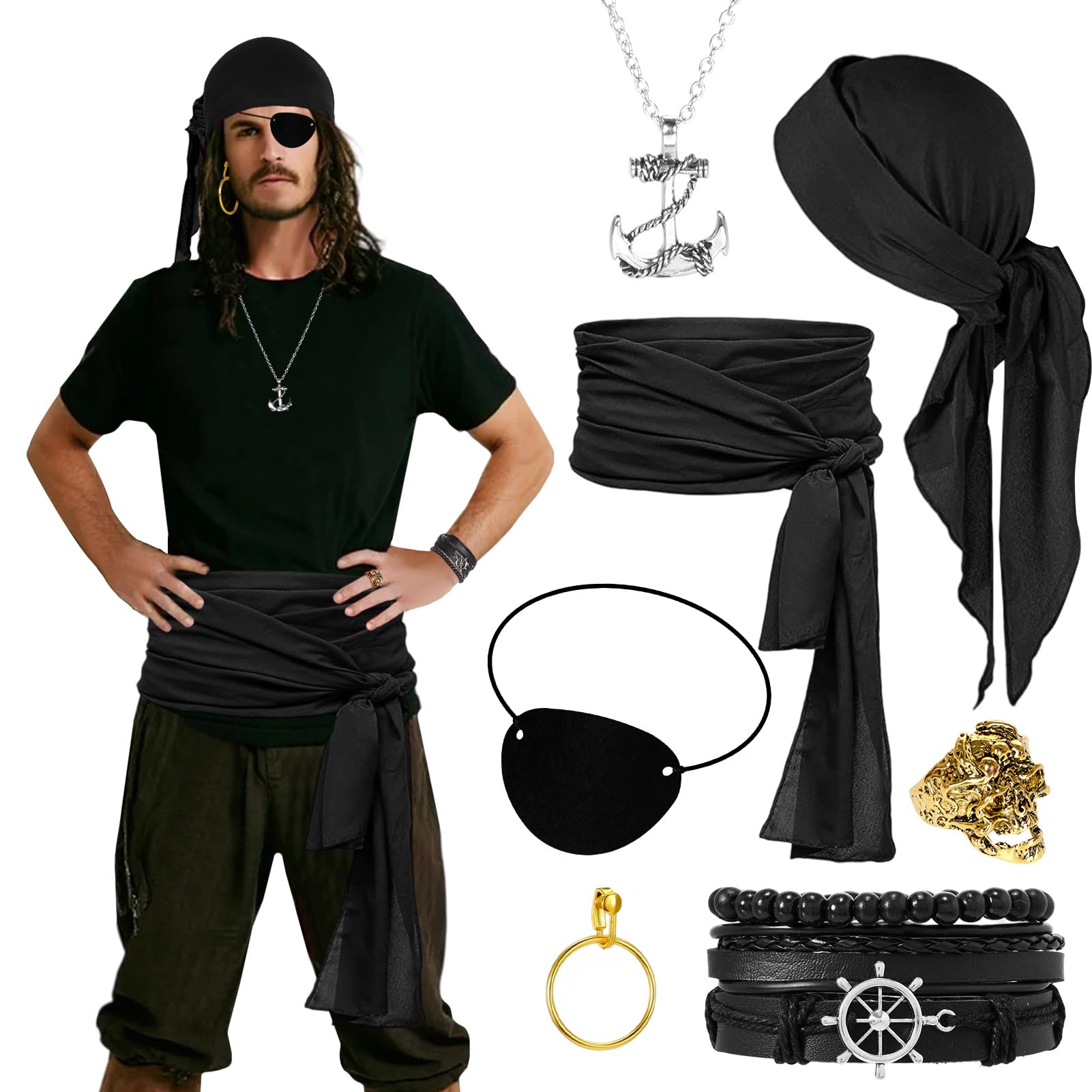 Crittygo 7 Pieces Pirate Costume Accessories Set, Medieval Pirate Fancy Dress with Headscarf Eye Patch Earrings Ring Necklace Bracelet Waist Belt, Women Men Halloween Cosplay Costume — image 1