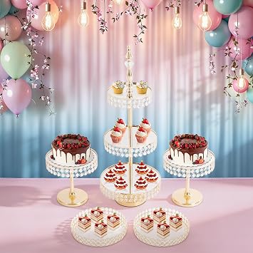 Crystal Cake Stand Set 5Pcs Dessert Table Display with Mirror Top & 3-Tier Tower, Metal Cake Stands for Wedding, Party, Candy Table (Gold)