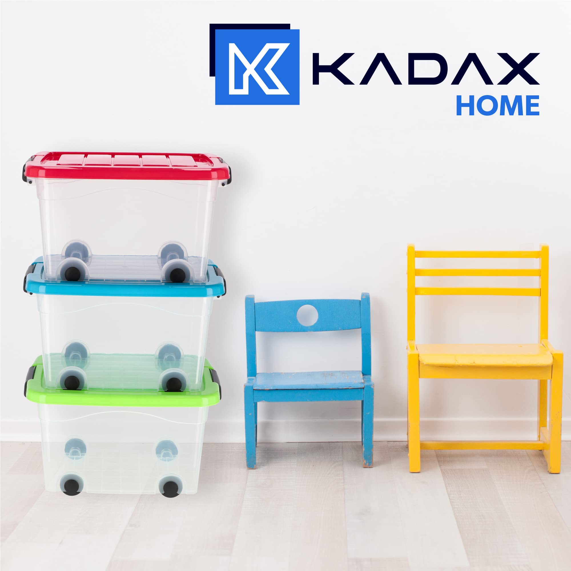 KADAX Contenitore di Plastica con Ruote, 62x46x37cm, Scatola di Deposito in Plastica, Scatola di immagazzinaggio, Contenitore di Stoccaggio con Coperchio a Fare Clic (60L, Blu)