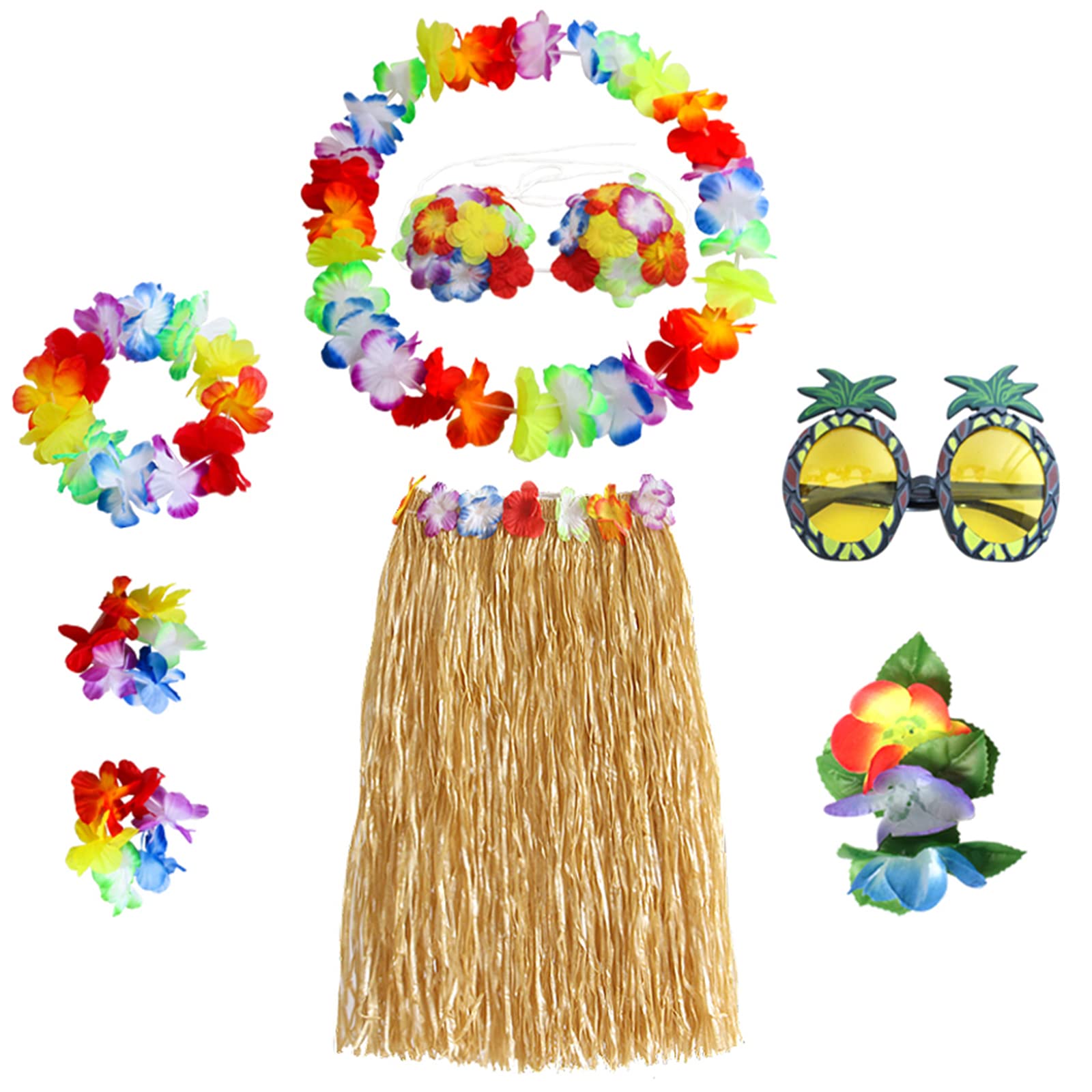HBell 8PCS Hawaiian Hula Skirt Costume Set,Hawaiian Grass Skirt,Hawaii Leis,Flower Bikini Top,Pineapple Glasses for Adults Kids Fancy Dress Supplies Summer Beach Tropical Party Decorations