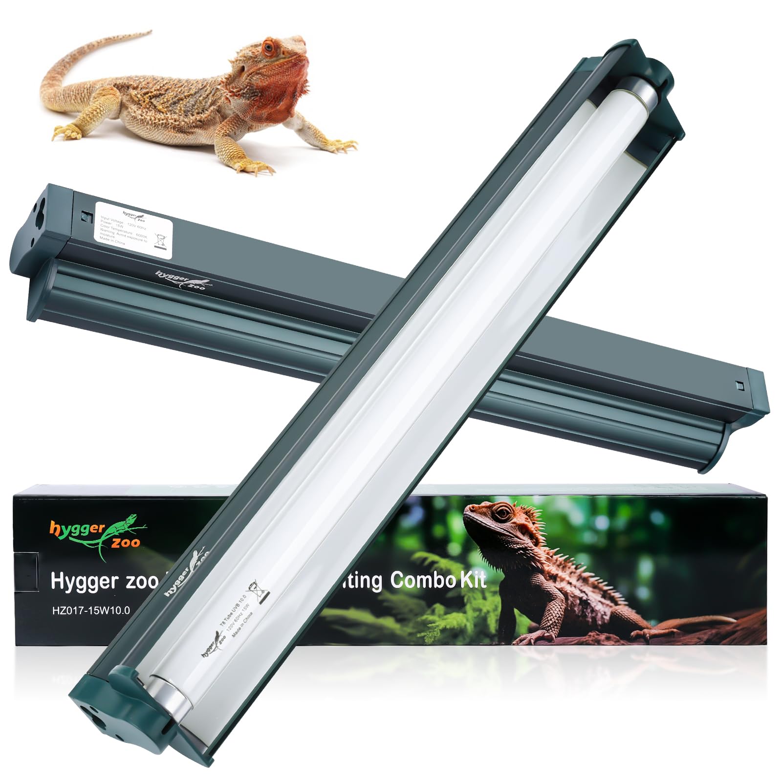 T8 Reptile Light Fixture Combo Kit 15W 18.3IN Green Fluorescent Tube 10.0 UVB Light Bulb for Bearded Dragon Lizards Tortoise 1 Count