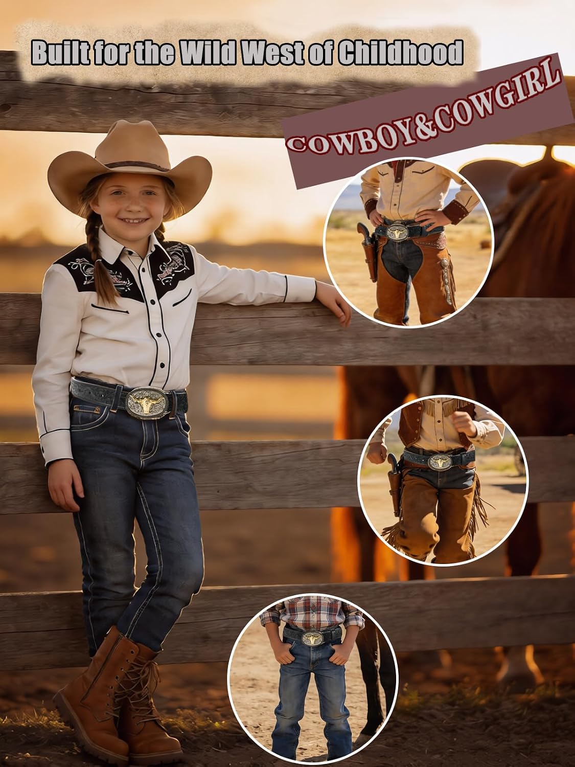 Kids Boys Western Belt Cowboy Leather Belt-Girls Adjustable Embossed Leather Belt Strap for Jeans Gift