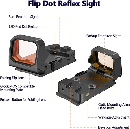 Miniatura 5 de TFFUAM Mini mira plegable de punto rojo compacto abatible para Glock MOS, 3 MOA RMR Red Dot Gun Sight Scope con base elevada para pistola y riel