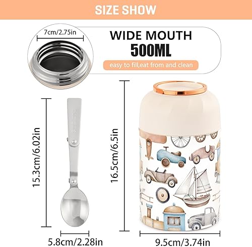 Miniatura 3 de Termo para comida caliente a prueba de fugas, patrón de transporte de automóvil de avión, de acero inoxidable, sellado térmico con cuchara y tapa