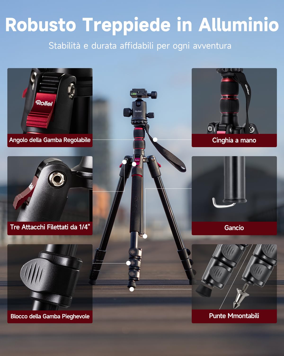 Treppiede Rollei Compact Traveler No. 2, 180cm Treppiede Fotocamera Portatile da Viaggio in Alluminio con Testa a Sfera e Funzione Monopiede Cavalletto Fotografico Compatto con Supporto per Telefono
