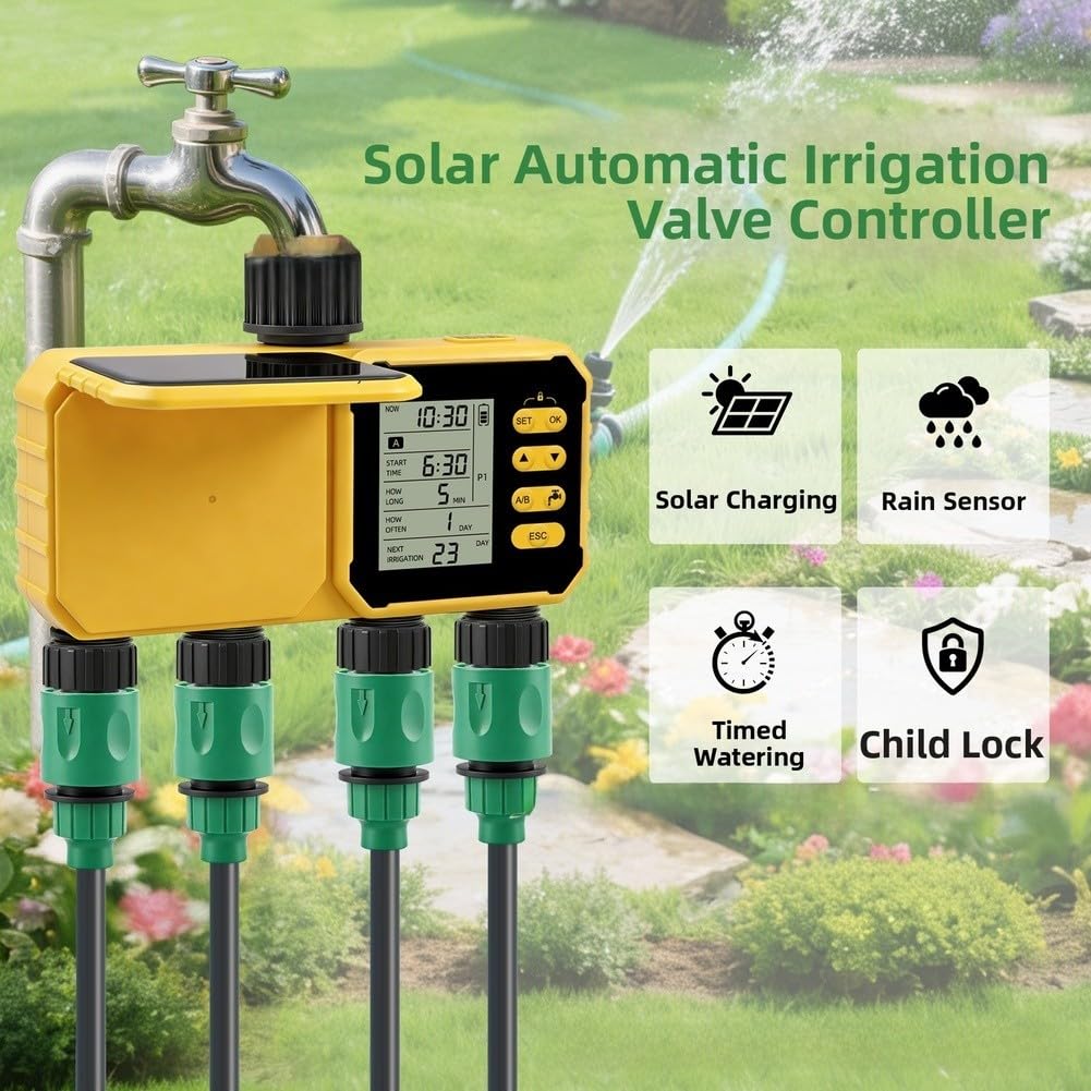 Control solar de riego de 4 zonas, temporizador de agua de jardín con sensor de lluvia, controlador de aspersor programable para césped, patio, grifo al aire libre, latón, 18,8 cm