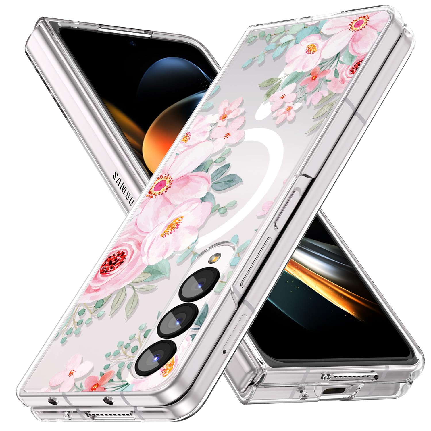 JUMIUSTNB Magnetic Case for Galaxy Z Fold 3,Clear Slim Anti-Yellow Hard PC Protective Soft TPU Bumper Shockproof Cute Case with Flowers,Pink Flower(10