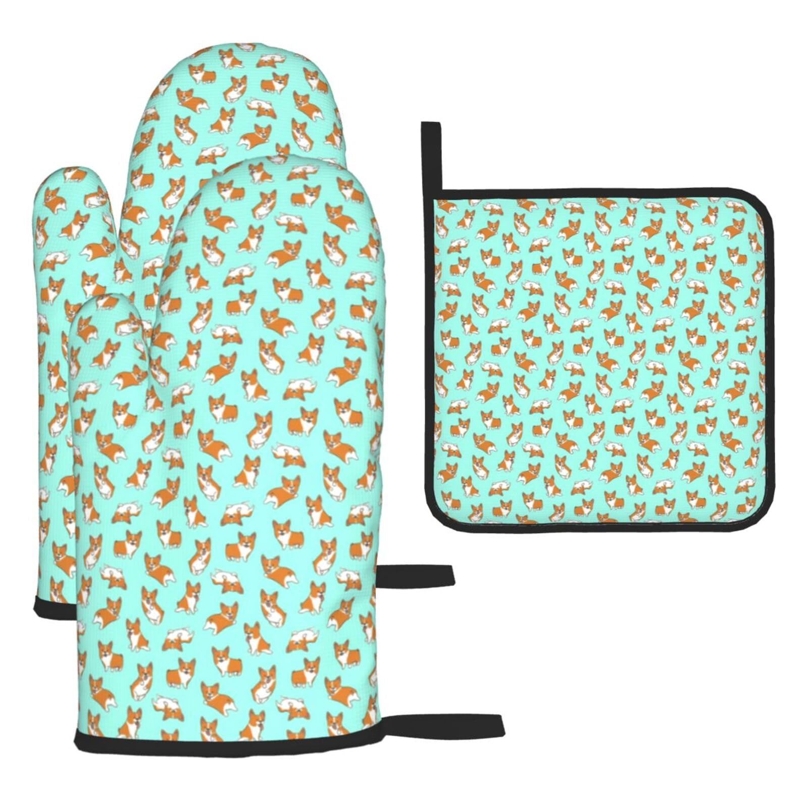 Corgi Cute Dog Print Oven Mitts Kitchen Gloves Set Everyday Baking Grilling Microwaving Cooking Gift