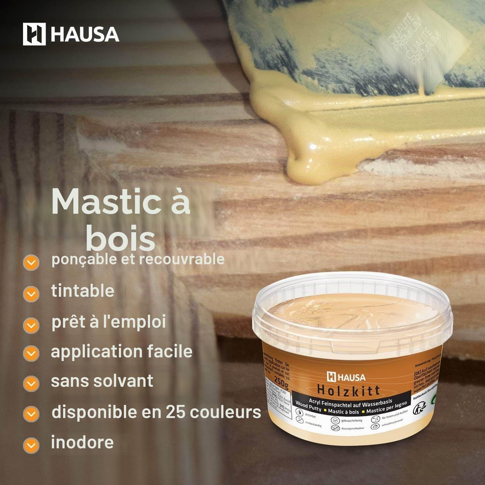 Hausa Mastic bois acrylique 1 kg Noir - Réparation bois - Séchage rapide - Résistant