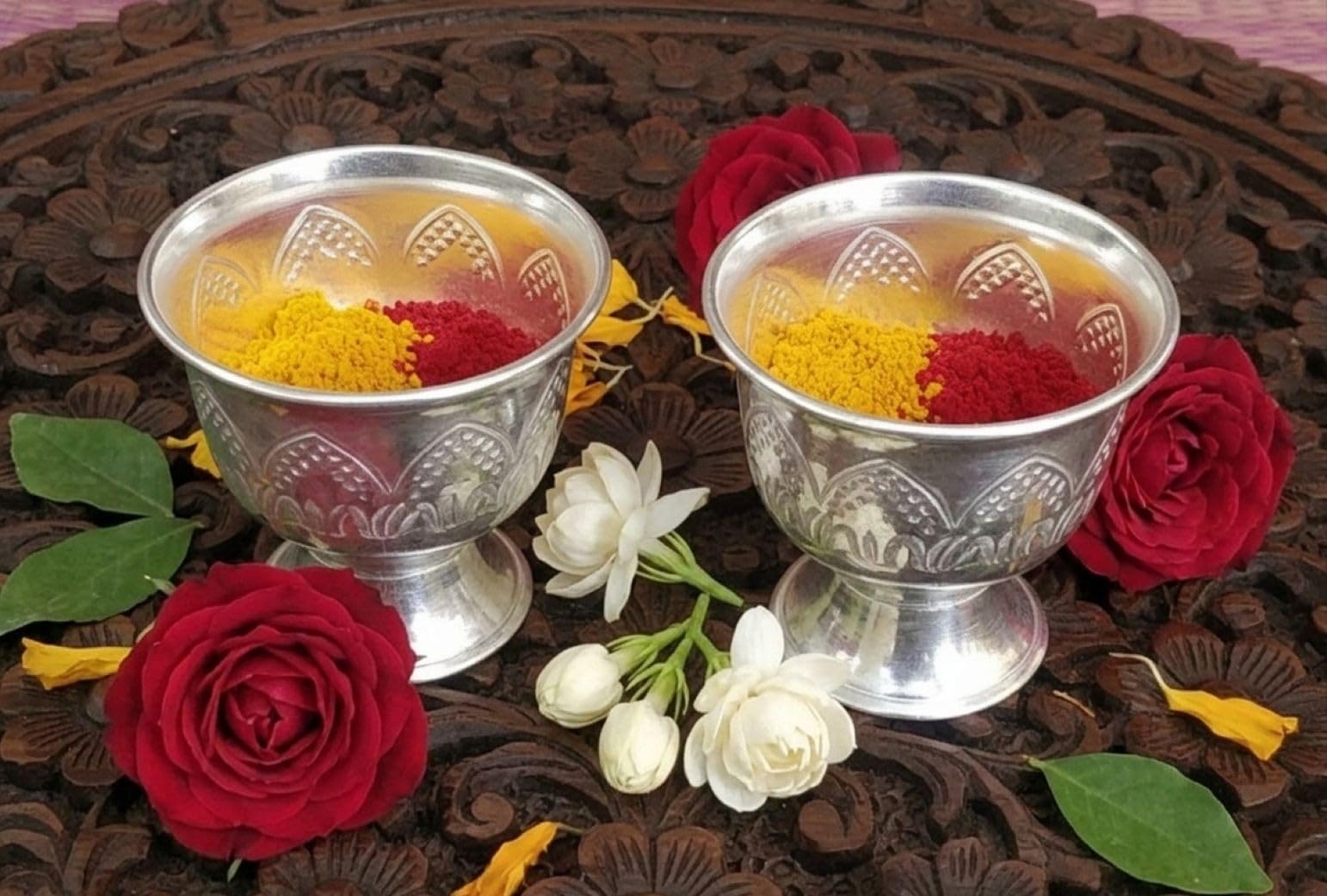 Haldi Kumkum Set, Akshatha Set, Premium 2.5 Inch (L) * 2.5 Inch (H) (2 Bowls) for Pooja Purpose or Gifting Silver Plated by SujArta-picture-32