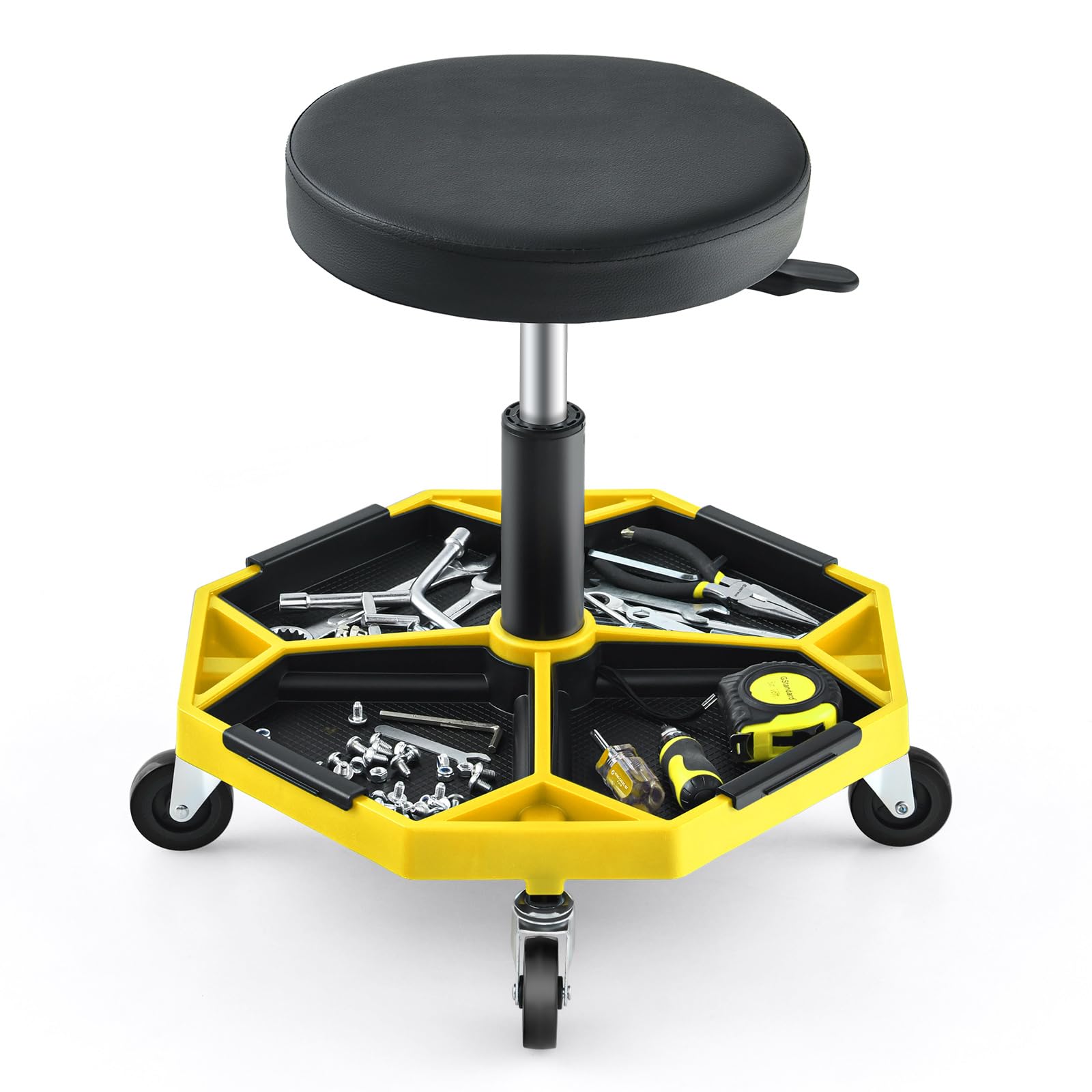 COSTWAY Rolling Mechanic Stool, Height Adjustable Swivel Pneumatic Roller Creeper Seat with Wheels & Tool Tray, 150kg Capacity Garage Workshop Padded Chair (Black+Yellow)