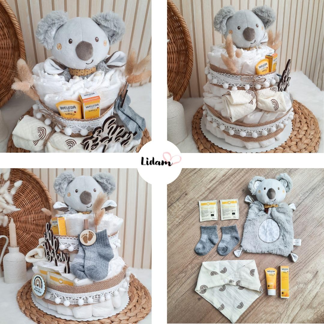 Torta di pannolini stile boho vintage | regalo per la nascita | Made in Germany | con panno per la cura di alta qualità, tè per neonati, calzini, panno e bellissimi accessori | regalo per bambini