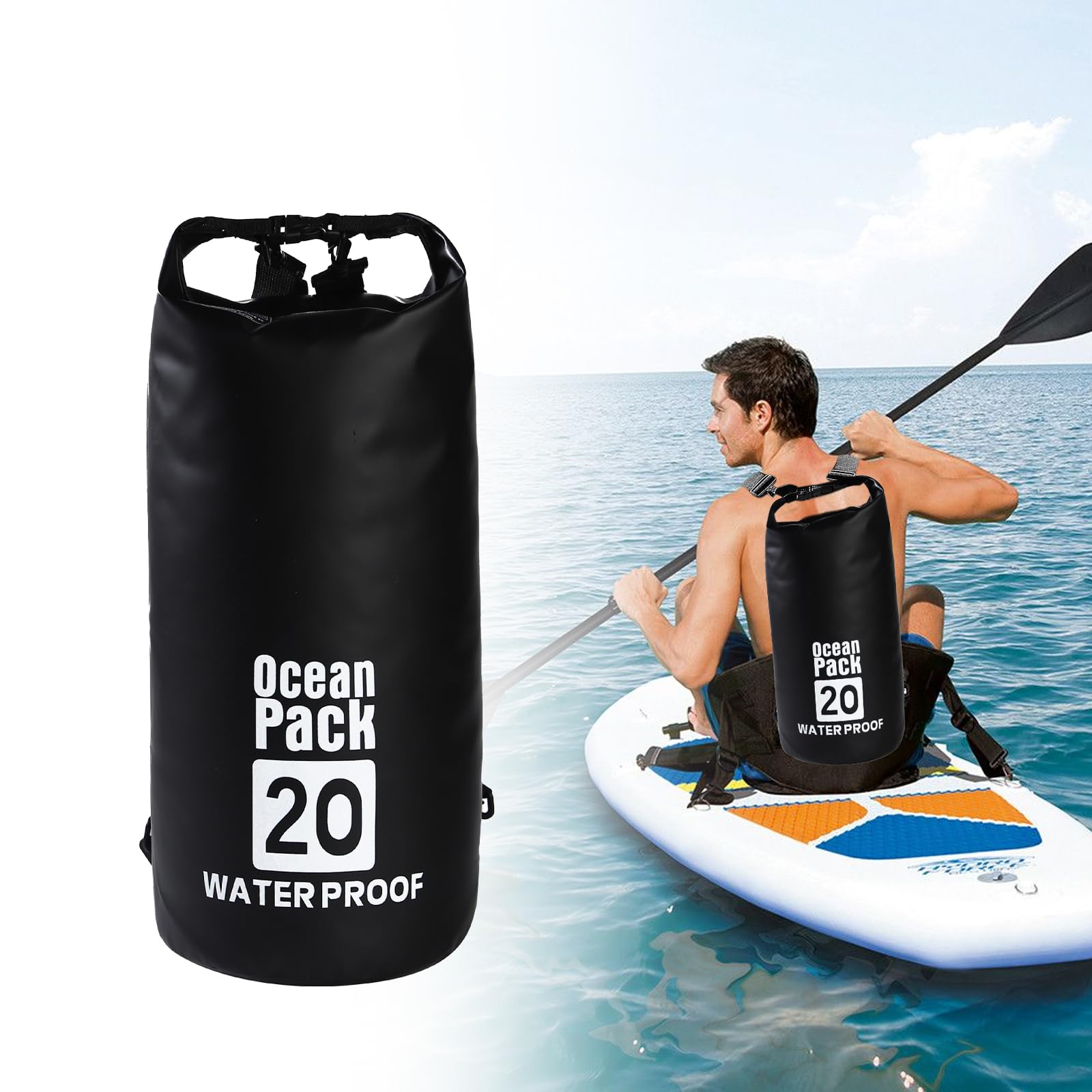 Nivofu Zaino Impermeabile 20 Litri, Borsa Stagna Roll Top con Tracolla Regolabile, Dry Bag per Moto, Mare, Sport Acquatici, Kayak, Campeggio, Nero