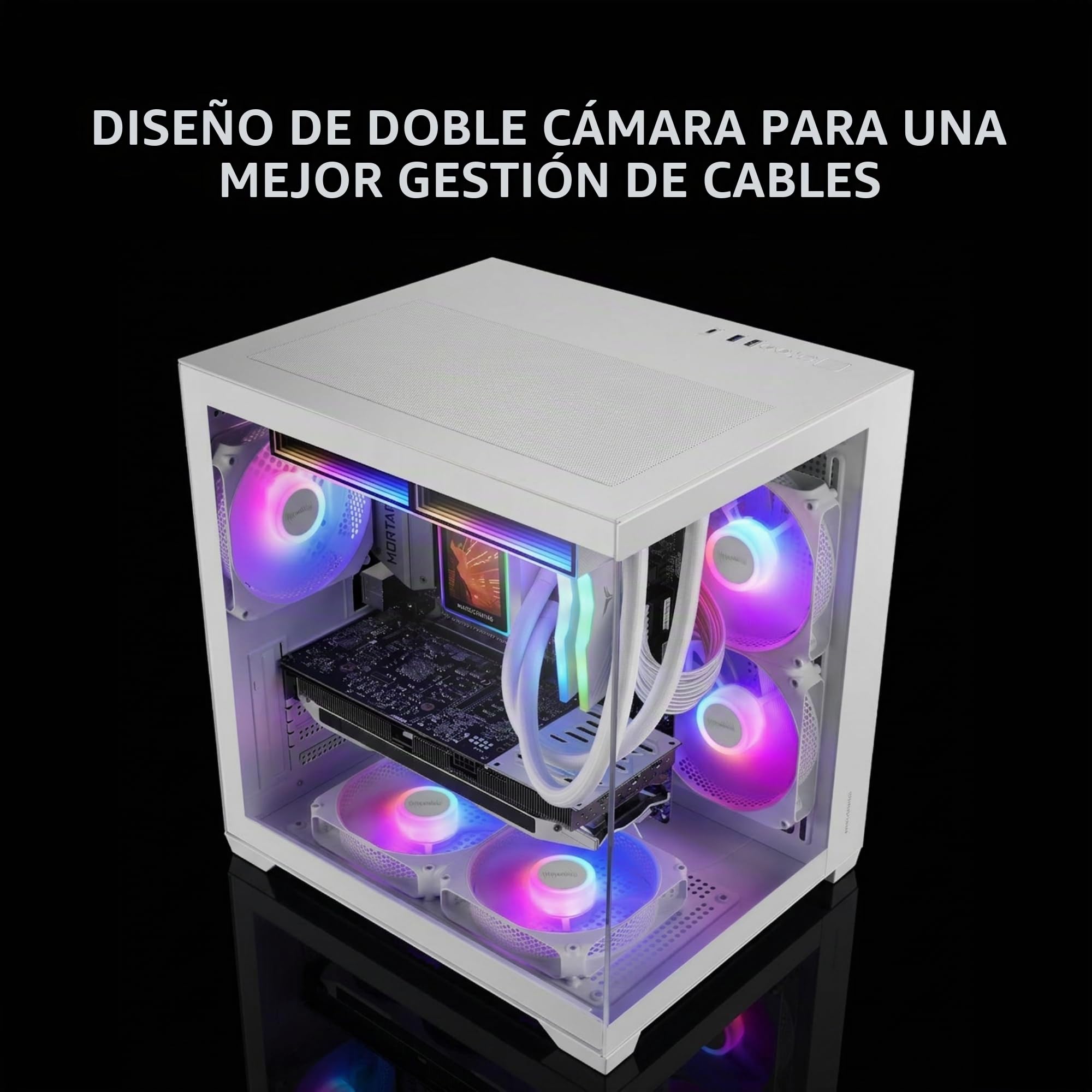 Mars Gaming MC-VIEW3, Caja PC MicroATX, Cristal Templado Panorámico, 3X Ventiladores ARGB 120mm, Doble Cámara, Soporte Refrigeraciones Líquidas hasta 240mm, Minitorre Compacta con USB-C, Blanco
