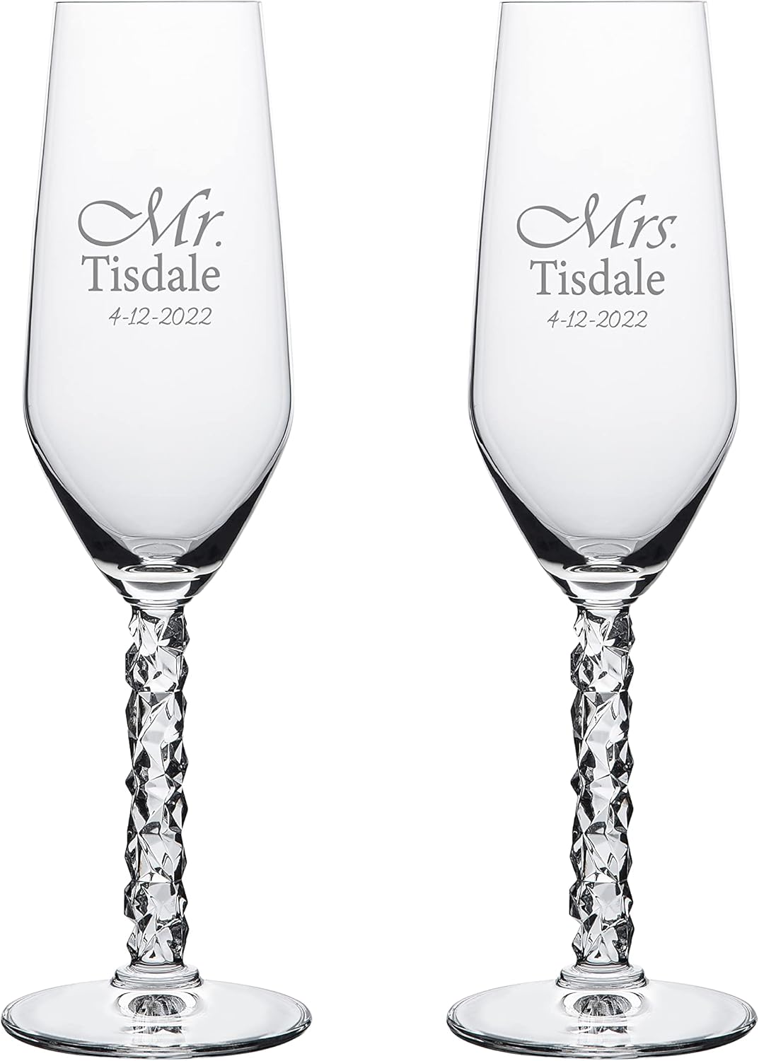 Orrefors Personalized Carat Wedding Champagne Flutes, Set of 2 Custom Engraved Crystal Champagne Toasting Glasses, Accessories and Gifts for Bride and Groom