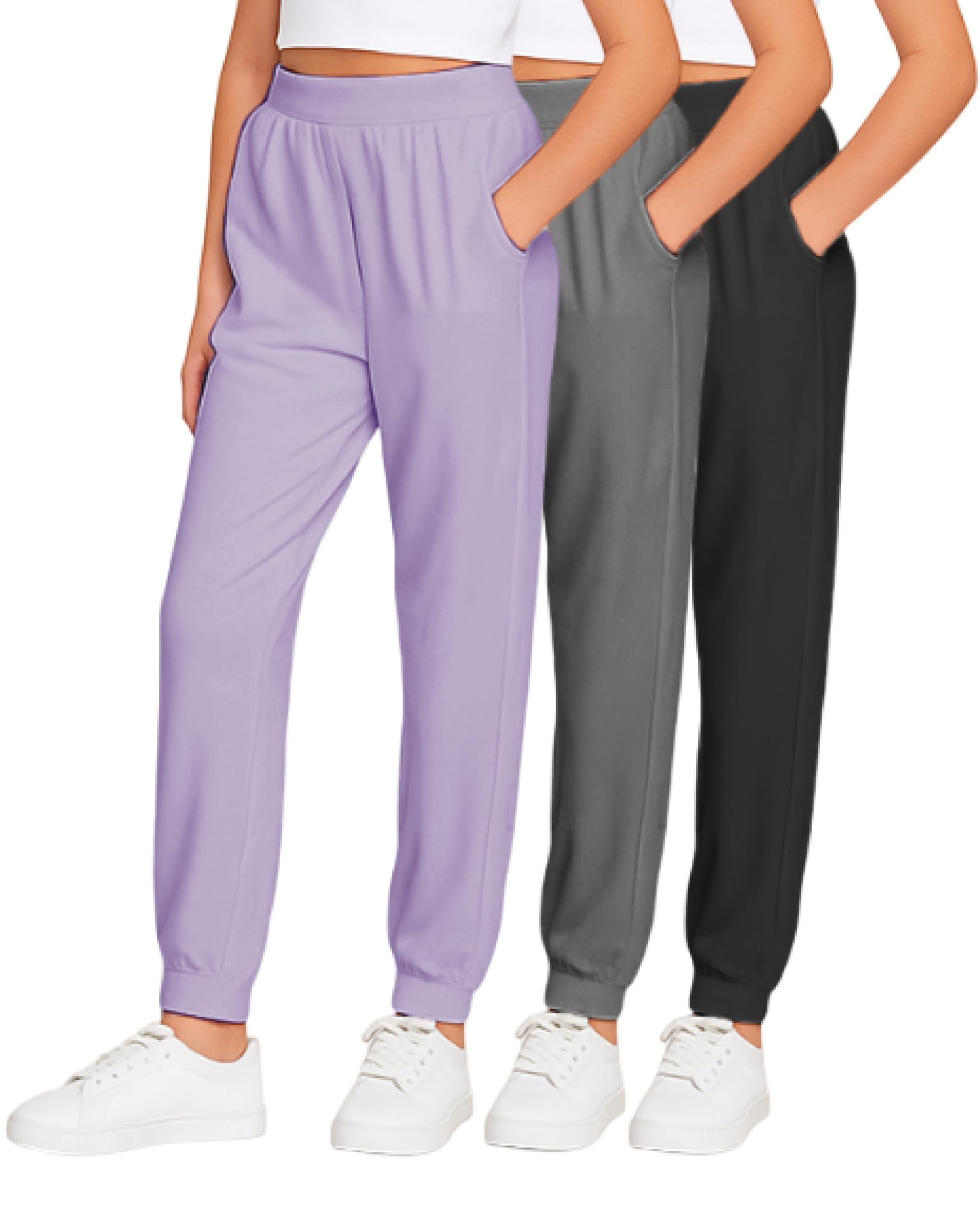 Sweet Hearts Girls Sweatpants - 3 Pack High Waisted Performance Jogger Girls Pants with Pockets: Made in USA (Sizes 5-18)