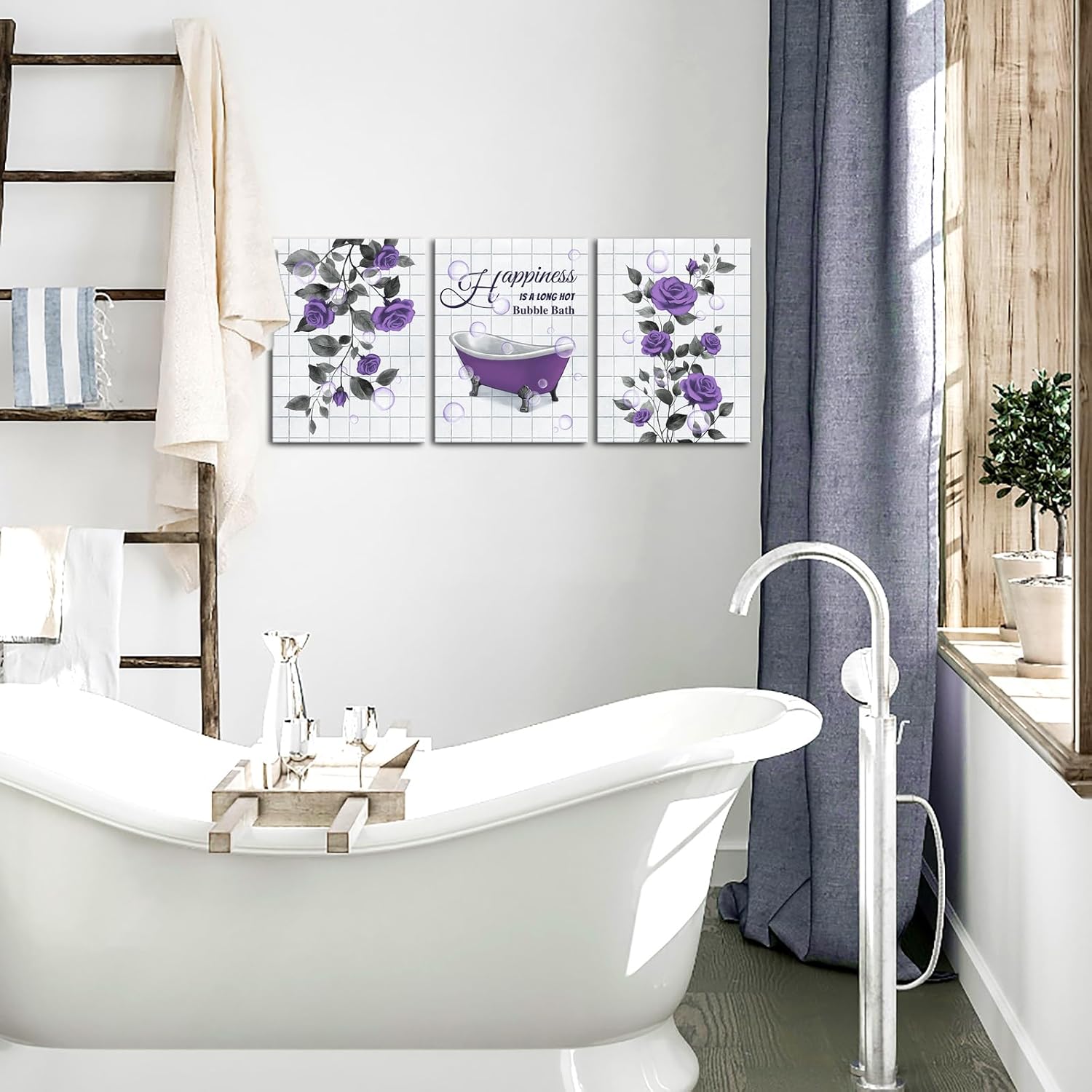 FuShvre Purple Bathroom Wall Art Purple Floral Bathroom Pictures Paintings for Wall Decor Framed 12"x16" each
