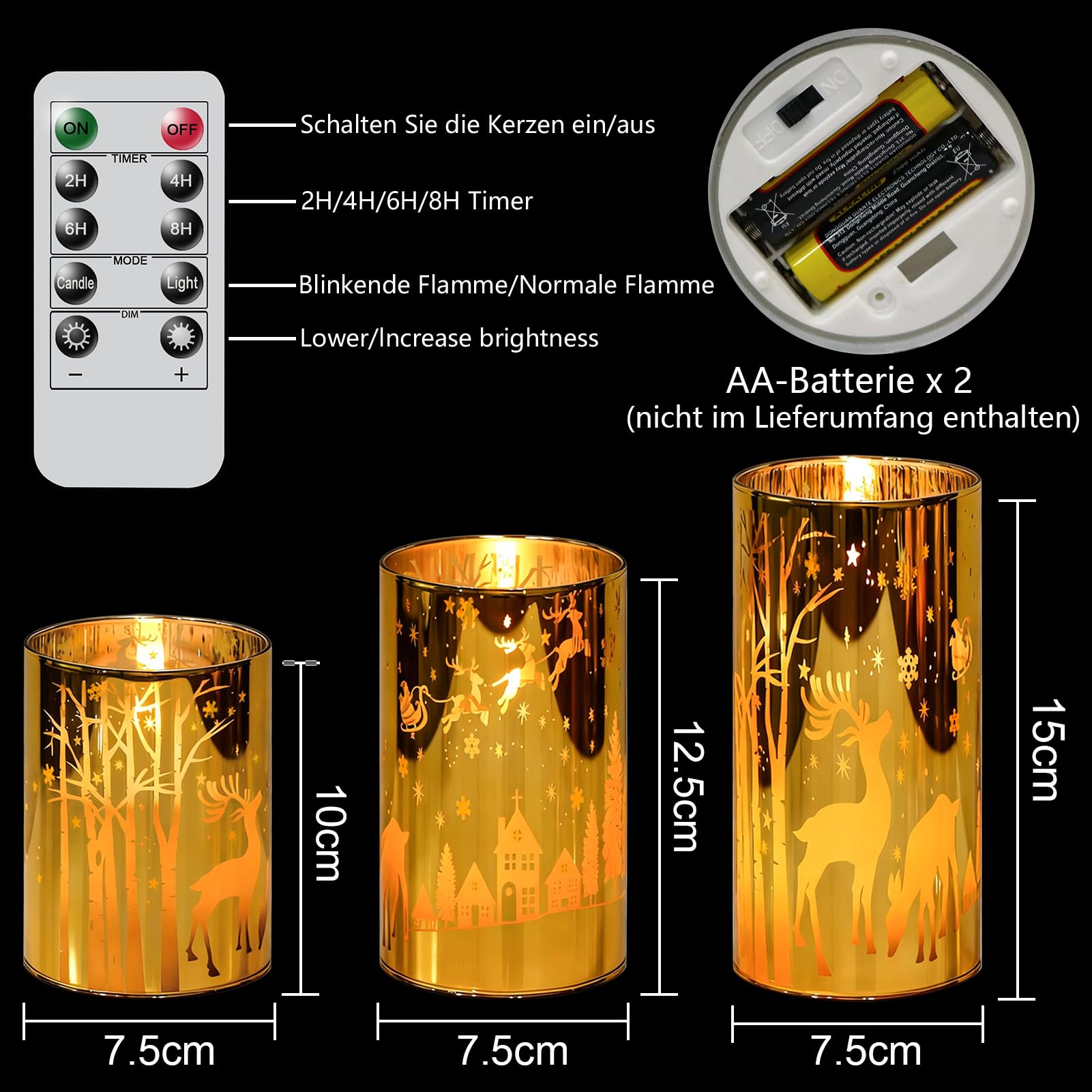 Eldnacele Candele a LED dorate con telecomando e timer, set da 3 candele senza fiamma alimentate a batteria, per decorazioni natalizie e regali, diametro 7,5 cm x altezza 10/12,5/15 cm
